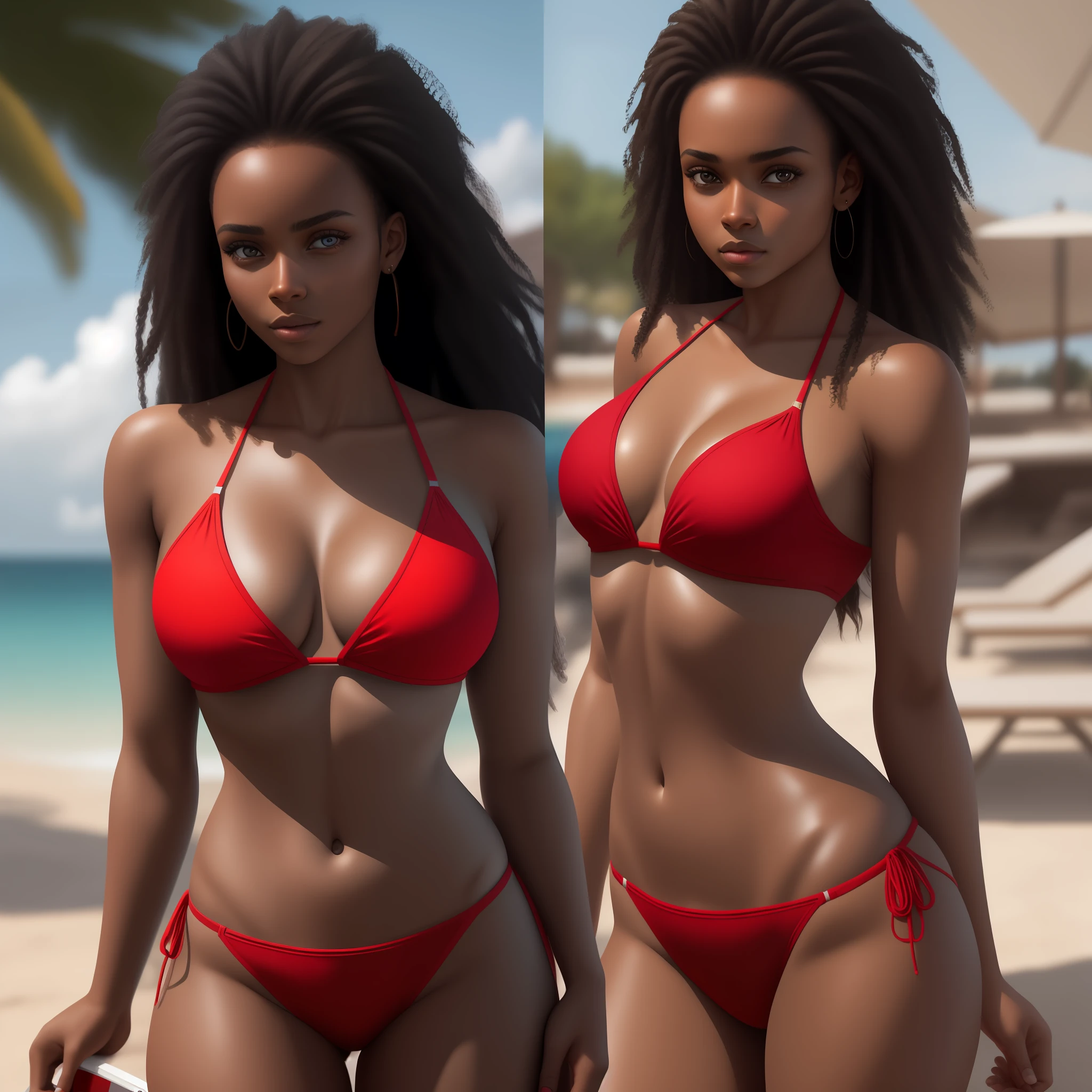 Masterpiece, pretty black woman girl, very detailed, 8k Hdr realistic picture, red bikini