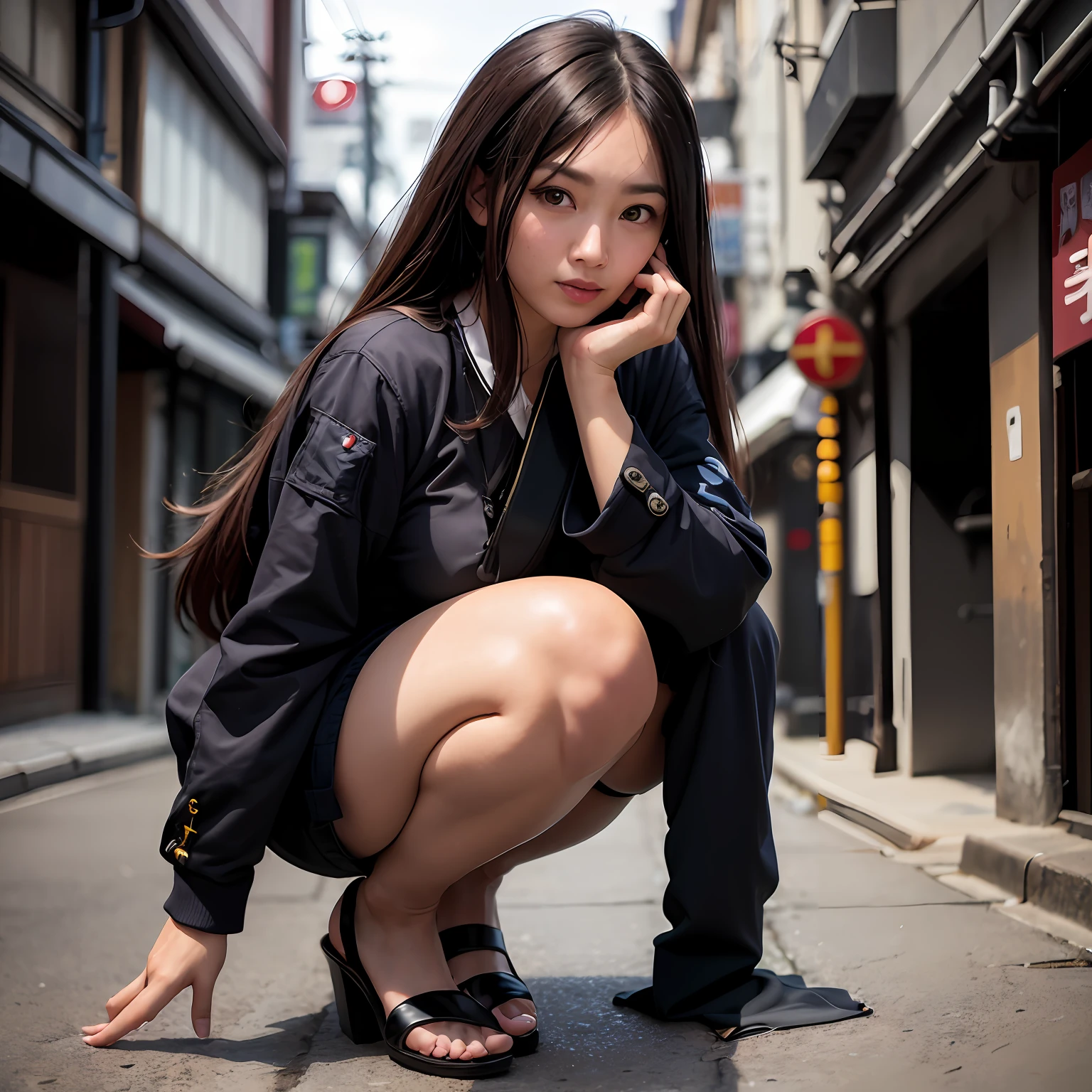 Woman kneeling on the ground on city street, Real life women, Girl is squatting, wearing japanese techwear , Photorealsitic, Casual pose, A charming、(realisitic、Photorealsitic:1.37)、(8k、RAW Photography、top-quality、masterpiece:1.2)、cute little、ultra-detailliert、Heart-shaped pupil、physically-based renderingt、超A high resolution、Kodak Vision Color、Captured with an Arricam LT camera、bokeh dof、foco nítido、 If you look at the viewer、Photorealsitic、realisitic、独奏、Photorealsitic、top-quality、extra detailed face、extremely detailed eye and face、beatiful detailed eyes、absurderes、incredibly absurdness、haunting smile、hair messy、Floating hair、、