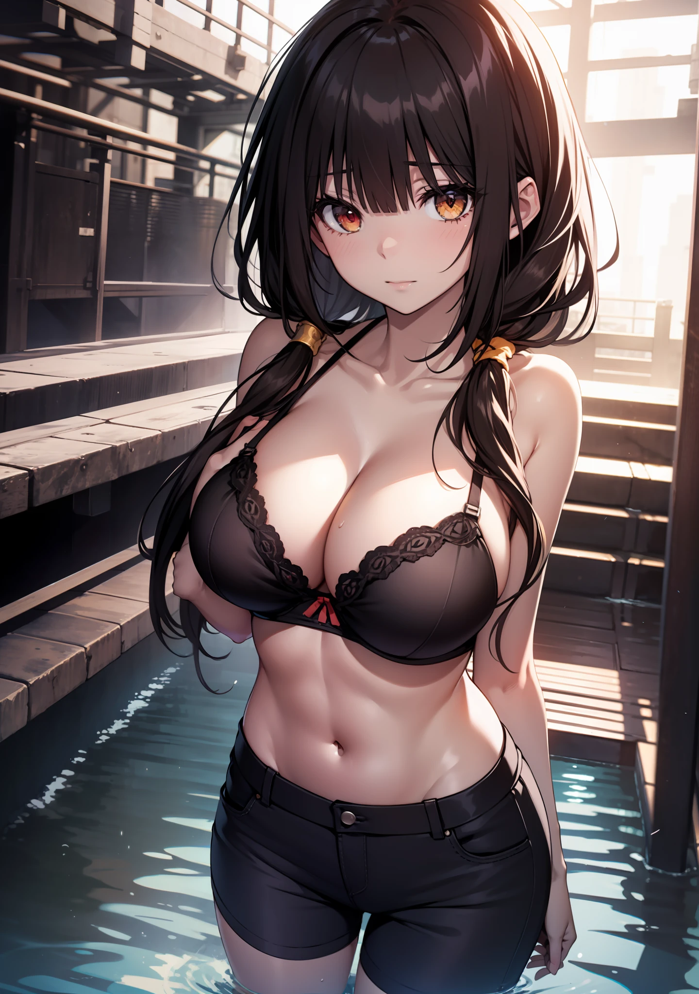 Masterpiece, high quality, best lighting, 1girl, ((tokisaki kurumi)), long hair, black hair, full body, mini bra, short bra, mini pants, short pants, monochrome, ((right red eye:1, left yellow eye:1)), low twintails, (diving), yandere, perfect body, ((big thigh)), ((big breast)), blush, looking at viewer, beautiful girl, cute, in the sea,