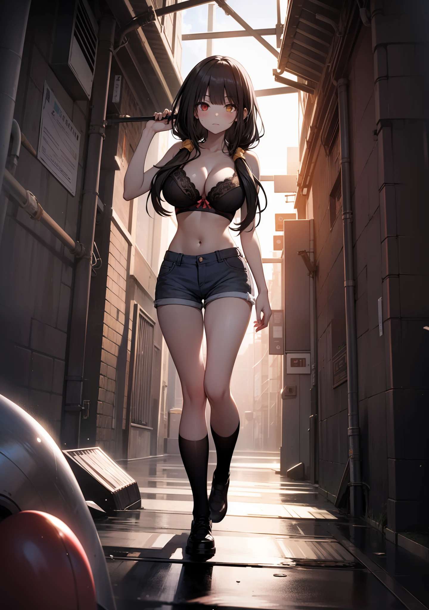 Masterpiece, high quality, best lighting, 1girl, ((tokisaki kurumi)), long hair, black hair, full body, mini bra, short bra, mini pants, short pants, monochrome, ((right red eye:1, left yellow eye:1)), low twintails, (diving), yandere, perfect body, ((big thigh)), ((big breast)), blush, looking at viewer, beautiful girl, cute, in the sea,