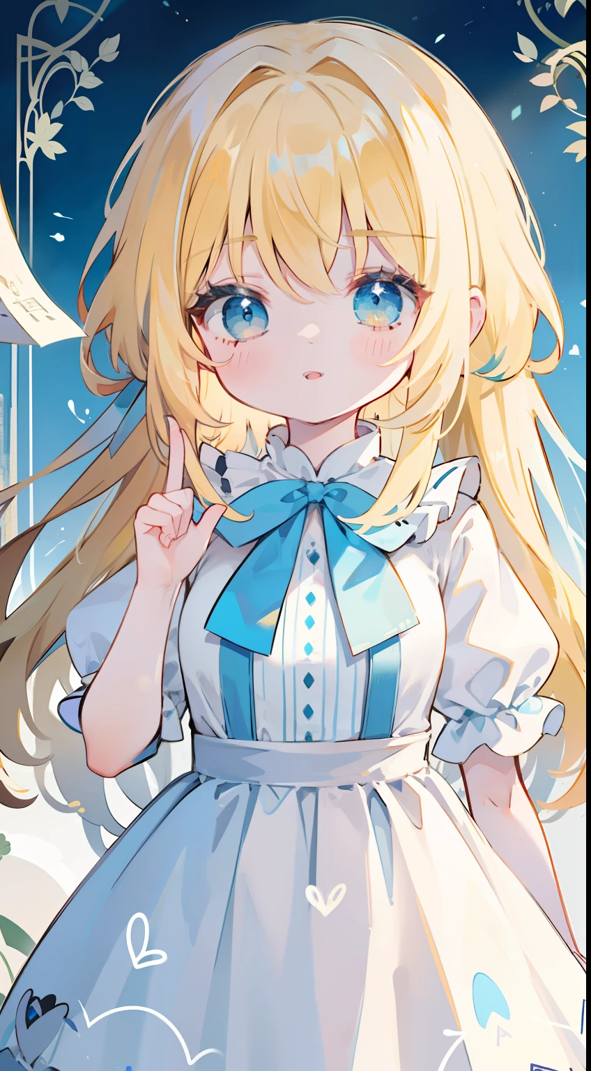 One girl、alice in the wonderland、yellow hair、Wavy hair、smil、shortsleeves、Alice's One Piece、Light blue ribbon on head、Alice in Wonderland background、masterpiece、top-quality、Top image quality、cute little、