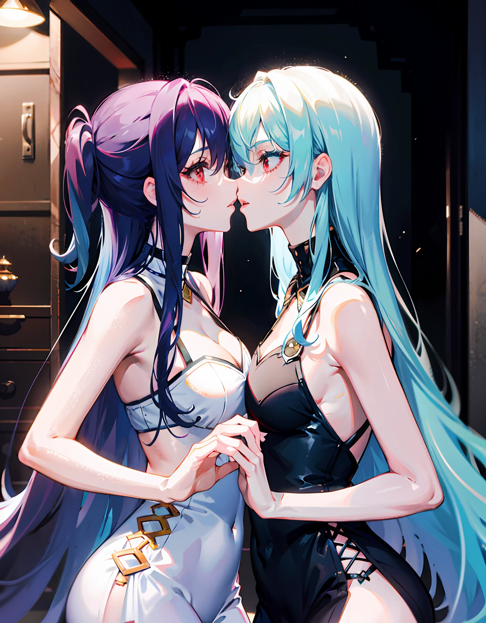Two females with long light blue hair both being the same height one having red eyes while the other yellow in the house kissing