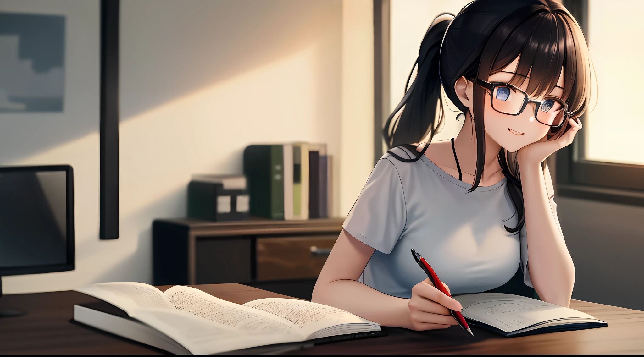 ​masterpiece, top-quality, hight resolution, a 1 girl, Loose white t-shirt、 Girl sitting on chair studying drafting at desk,、Beautie、Appeal、Frolic happily、30 year-old woman、Have good eyes、High Ponytail、Unclear、Beautiful fece、eye glasses