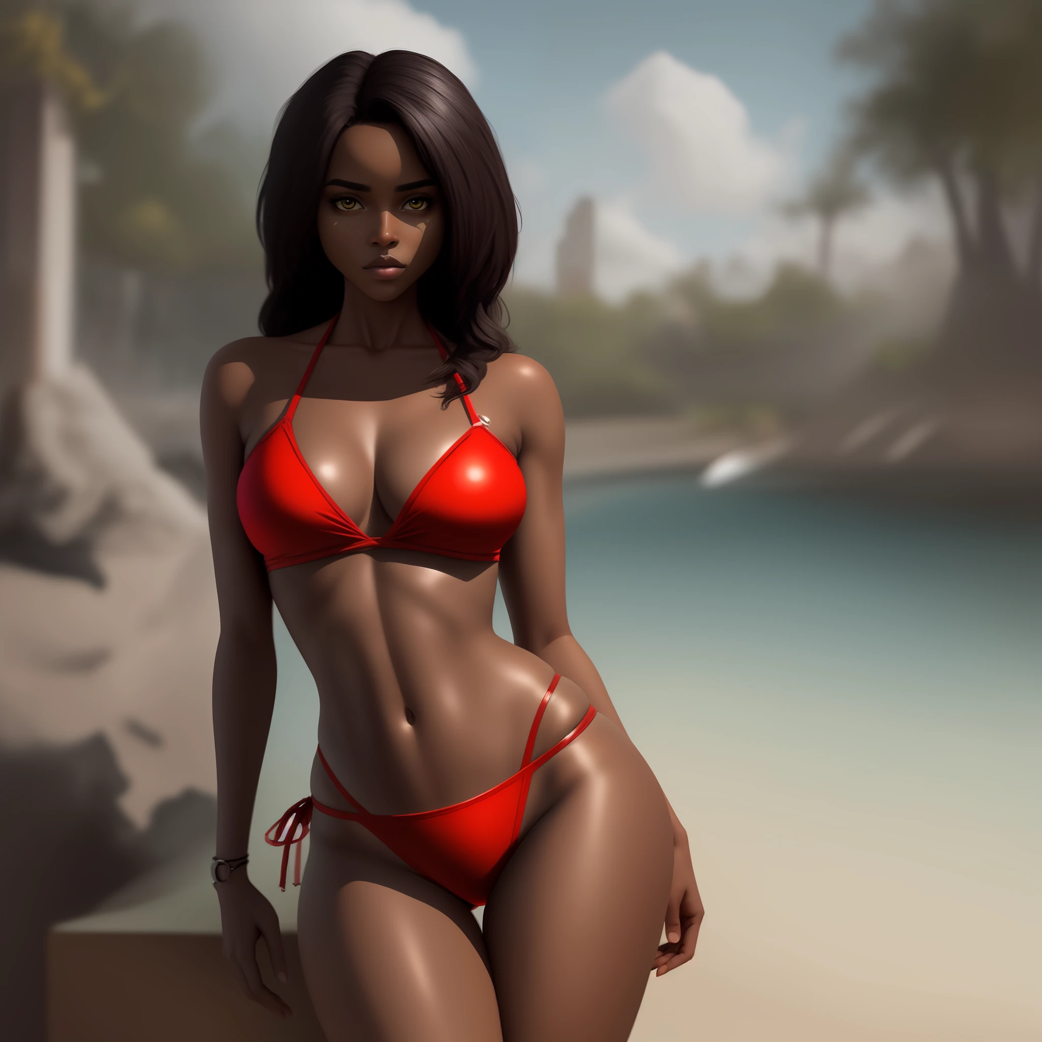 Obra maestra, Chica negra bonita, muy detallado, Imagen realista 8k Hdr, Bikini rojo, sentada con piernas abiertas se le marca la y sus tetitas comiendo caramelo alargado mirada sensual