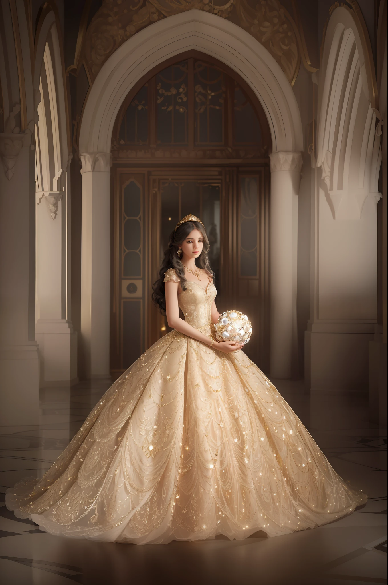 a hyper realistic photograph of a girl standing wearing a majestic light beige and gold ball gown dress, big beautiful dress, intricate puffy ball gown with lots of ruffles and rhinestones (Best quality, masterpiece, ArtStation, Fantasy Art:1.2), a palace room, a beautiful cute girl, (long white hair:1.1), (intricate short gold skirt, bare legs:1.2, full body shot)