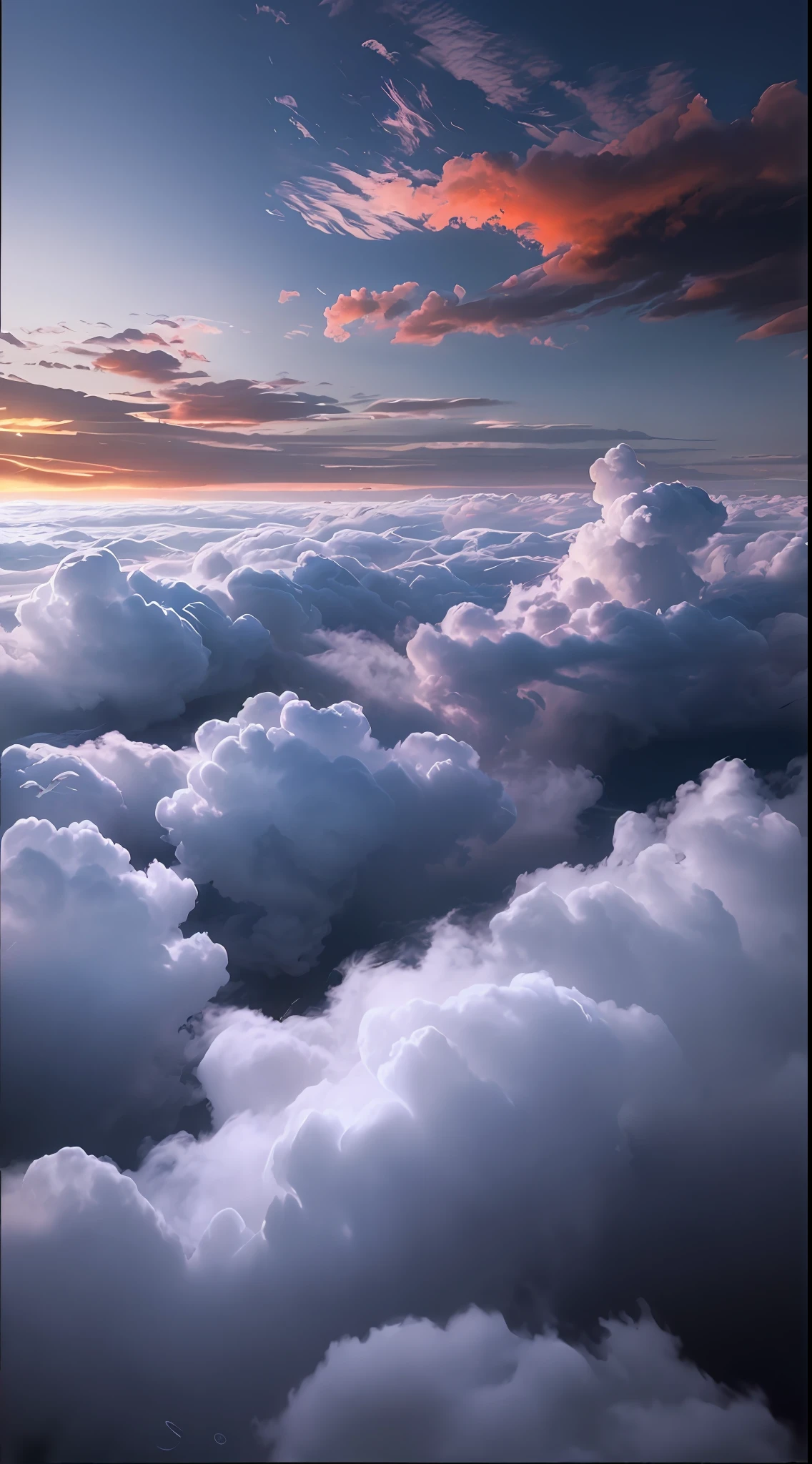 An endless sea of white clouds, the sharpest of the images, vibrant colors but in the dark, cinematic, masterpiece.