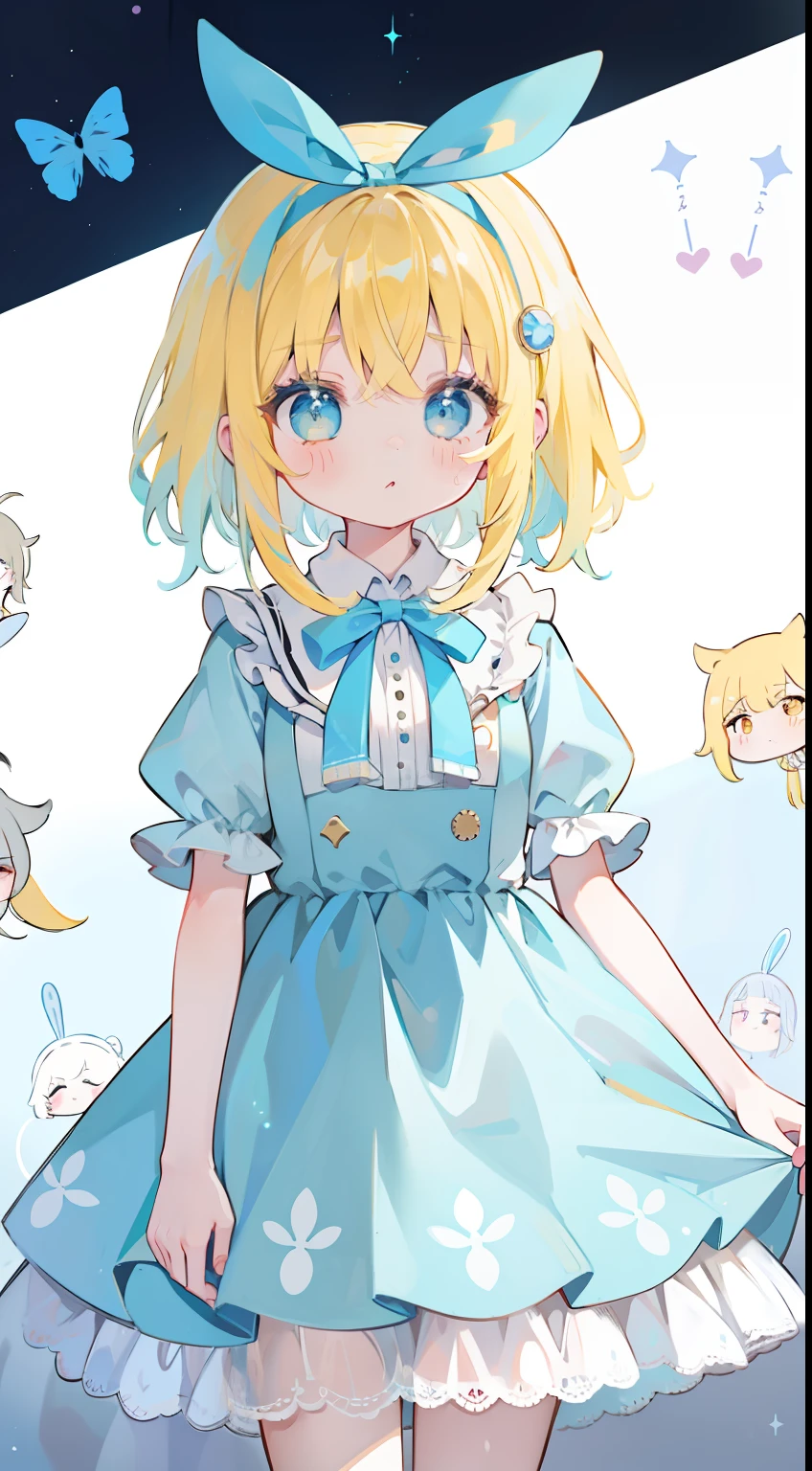 One girl、alice in the wonderland、yellow  hair、Wavy hair、worried face、shortsleeves、Alice's One Piece、Light blue ribbon on head、Alice in Wonderland background、​masterpiece、top-quality、Top image quality、cute little、
