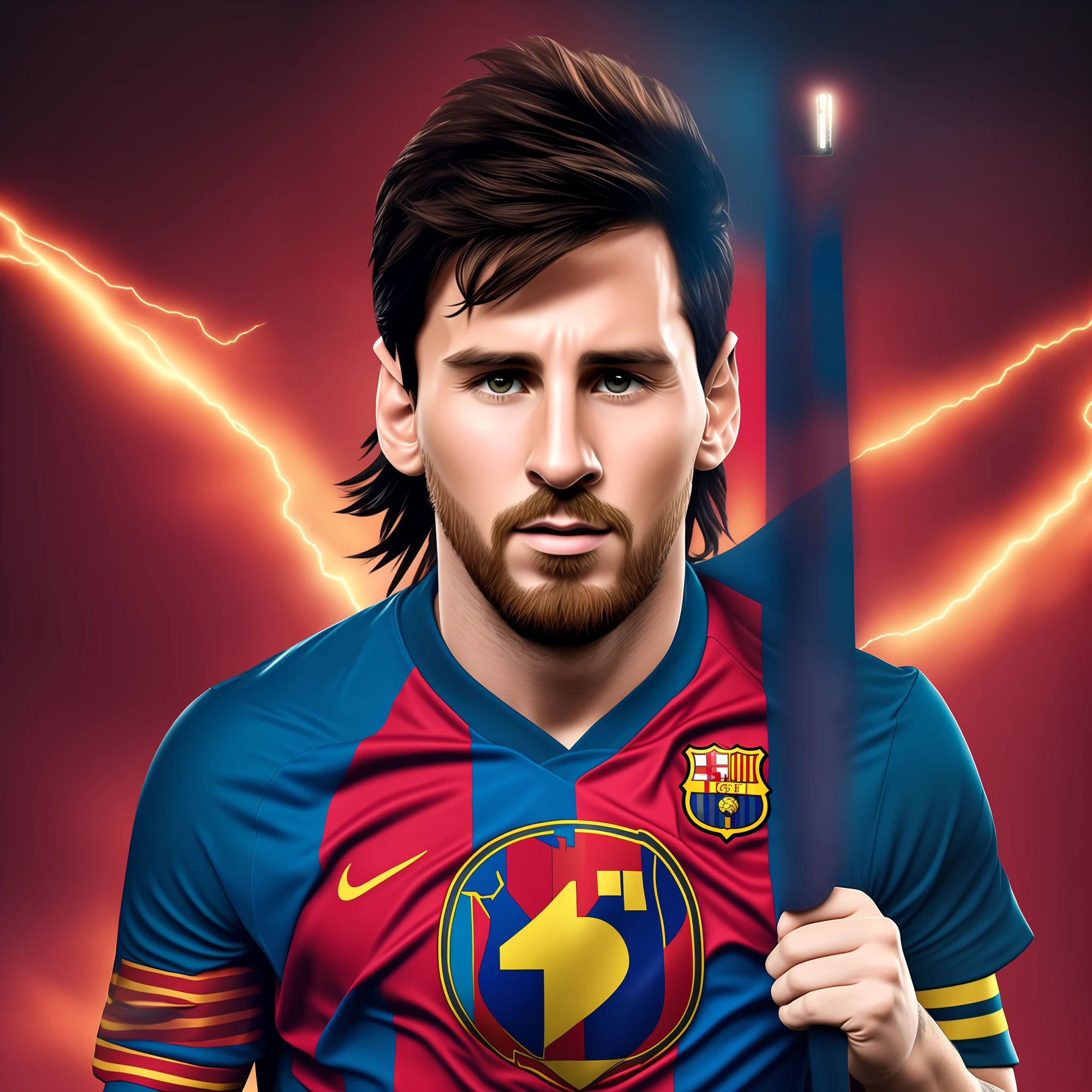 Messi com a roupa do flash, em uma guerra