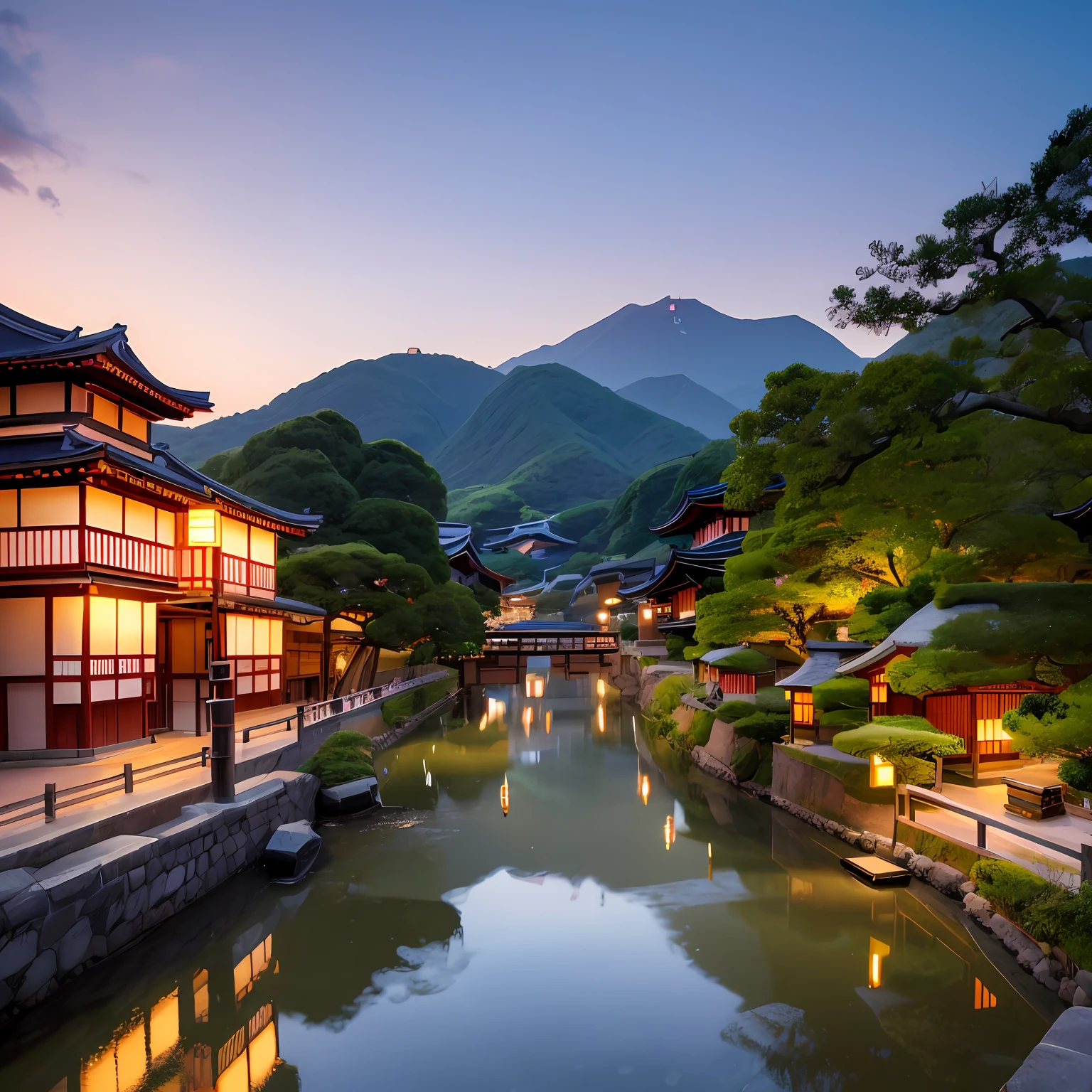 Bright village sights, Traditional townscape of Japan, Cityscape of Japan, Landscape photography of Japan, Quaint Asian Village, Sunset scenery, japanese ancient castle, Beautiful illuminated building, Night beauty, Beautiful photographic style, cinematic atmosphere, Detailed photos in 8K --auto