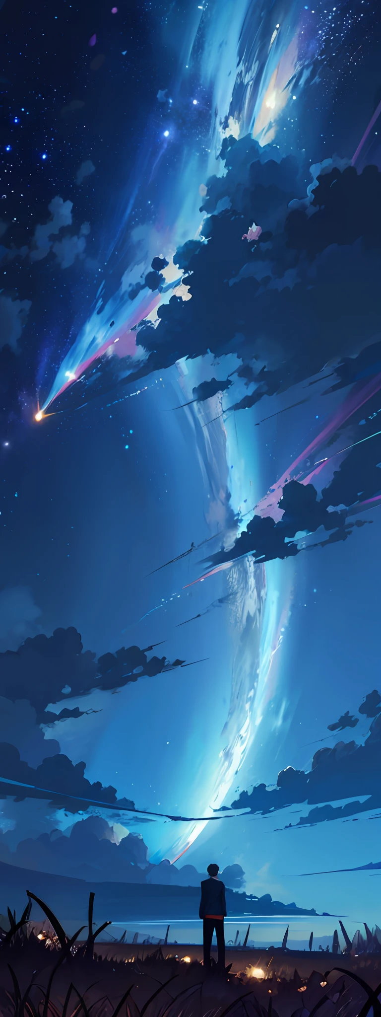 starry night sky with a man standing in the grass, milkyway, endless cosmos in the background, anime background, 4k anime wallpaper, anime art wallpaper 8 k, anime wallpaper 4k, anime wallpaper 4 k, anime art wallpaper 4 k, anime art wallpaper 4k, anime background art, cosmic skies. by makoto shinkai, anime sky, night sky; 8k, ((miky way))