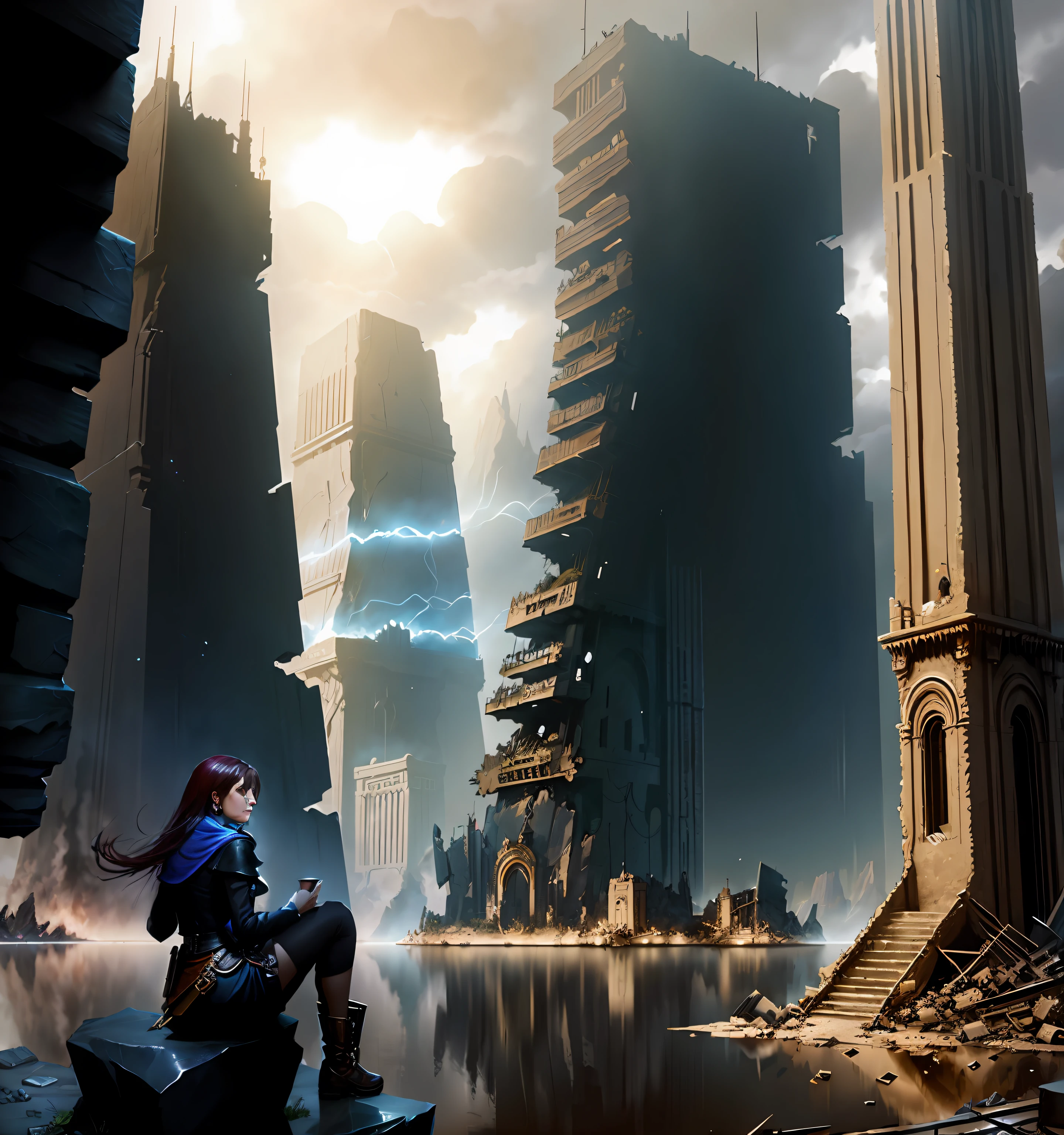 cerrar, (((1 uno))) Sad woman sitting on a rock in a pose of despair in the background of a destroyed fantasy city, Artstation, dark fantasy style, Steam punk