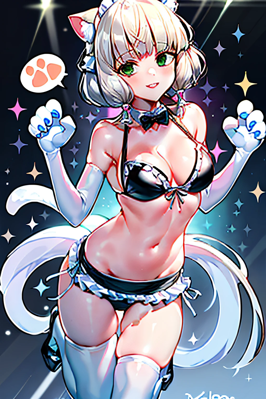 1girl, animal ears, animal hands, apron, bdsm, bikini, black bikini, black bowtie, black gloves, bow, bowtie, breasts, breasts apart, cat ears, cat tail, collar, elbow gloves, fake animal ears, fake tail, fang, feet out of frame, frilled apron, frills, gloves, green eyes, hair ornament, hairclip, leash, looking at viewer, maid, medium breasts, micro bikini,orange hair, parted lips, paw gloves, paws, pet play, short hair, side-tie bikini bottom, skindentation, slave, smile, solo focus, speech bubble, swimsuit, tail, thighhighs, white apron, white background, white thighhighs