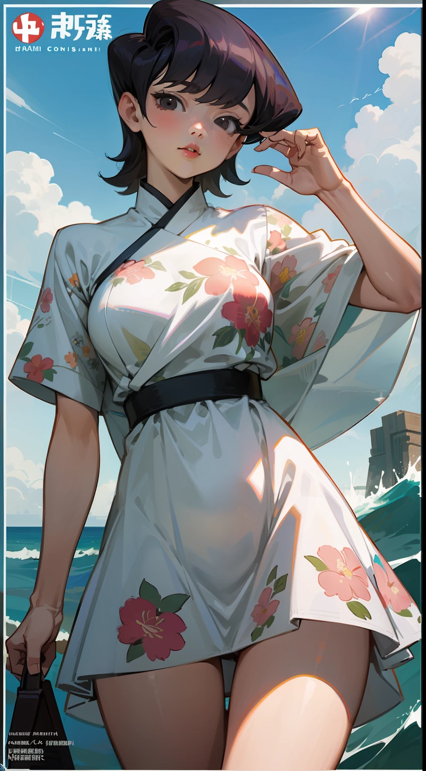 Komi Shuuko，Slim，Fleshy thighs，White girly dress，Masterpiece，Brilliant sunshine，Ocean park，Comic cover style，Comic title,tmasterpiece， High- sharpness， high high quality， 详细的脸， detailed body render，  Dark lips，White floral dress