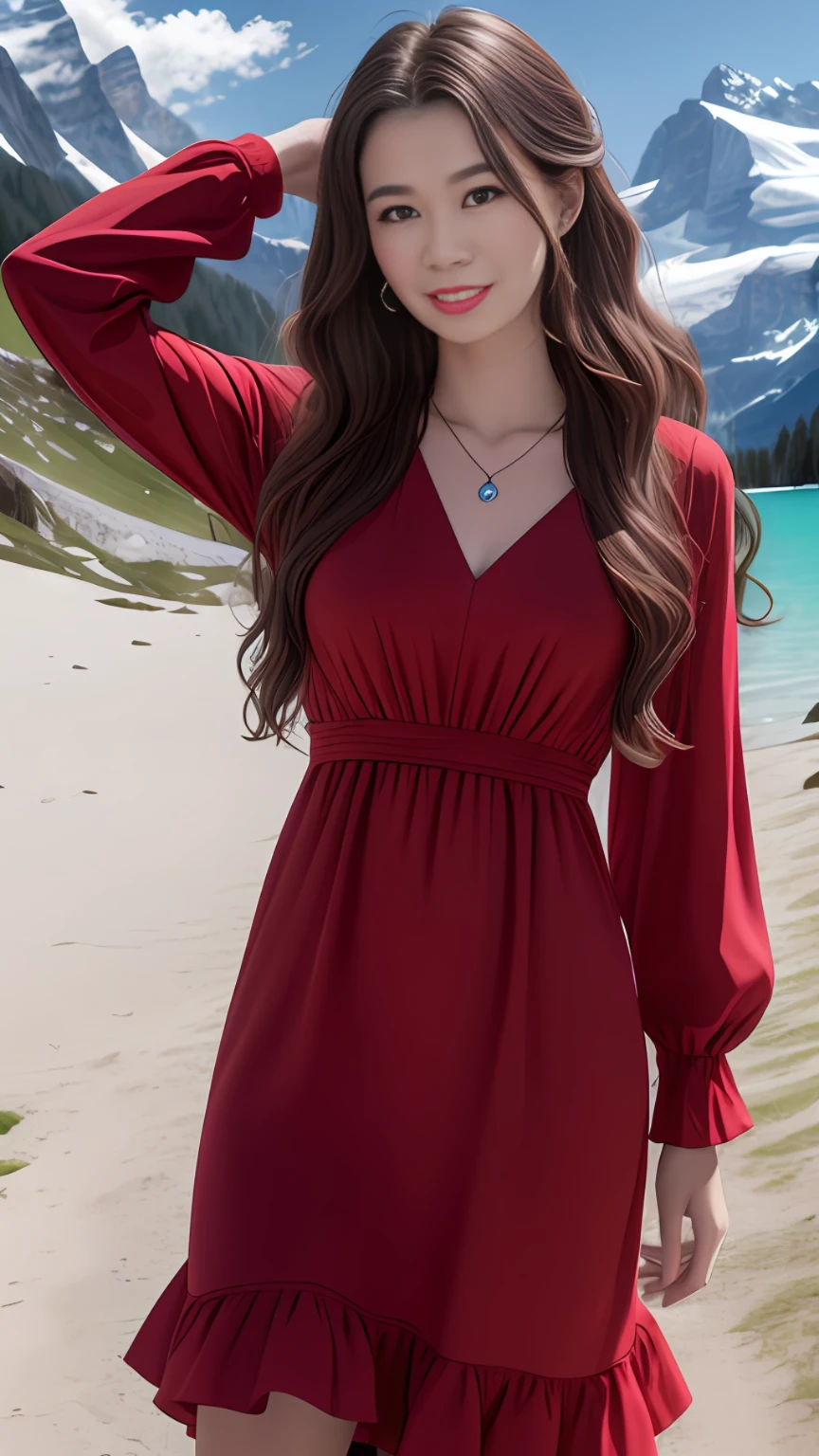 masterpiece,ultra realistic,32k,extremely detailed CG unity 8k wallpaper, best quality,
The Swiss Alps, Switzerland, ( Dark red A-line dress ) ,((spring day )), Beachy waves with a side part ,eardrop,lady ,necklace,