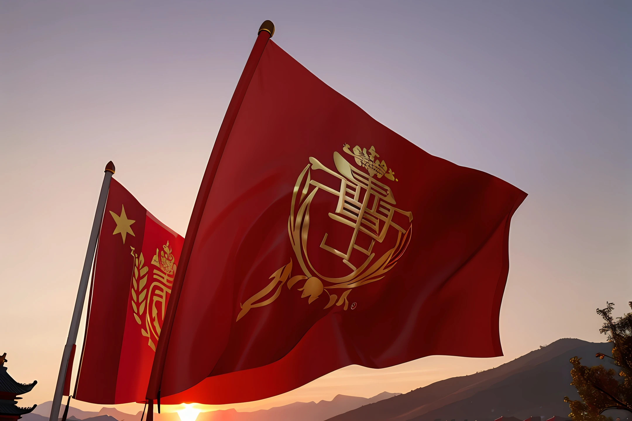 Soldiers Chinese red flags at sunset