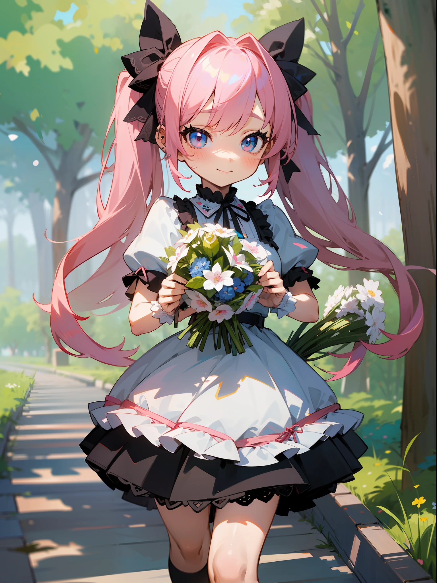 ​master piece, hyper quality, Hyper Detailed, Perfect drawing,Hi-Res、1girll,ssmile、Loose and fluffy hair、drills twintails、A pink-haired、Big eyes with double eyelids、lofty nose、blusher(0.2)、small mouth、ear piercings、Lolita Fashion、Clothes with lots of lace and frills、a miniskirt,knee high socks(:1.5),(garterbelts)、(((Wrapped、With ribbon、Holding a large bouquet))), butt sticks out, Big round buttocks, blue-sky、Summer colors、Sunlight、Walking trail、Shooting from diagonally below,  portlate、beatiful backgrounds, meticulous drawing, Accurate drawing、Perfect illustration、Perfect Beautiful Girl