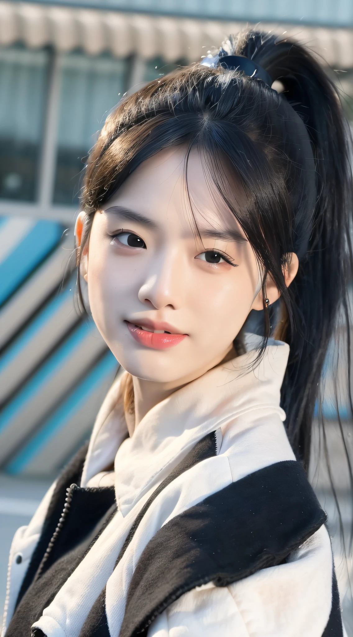 best quality, (photorealistic:1.2), 1girl, solo, shiny skin, detailed face, face focus, black hair, ponytail, (looking at viewer:1.5), black eyes, (one eye closed), white shirt, torn jeans, (photo:0.8) of