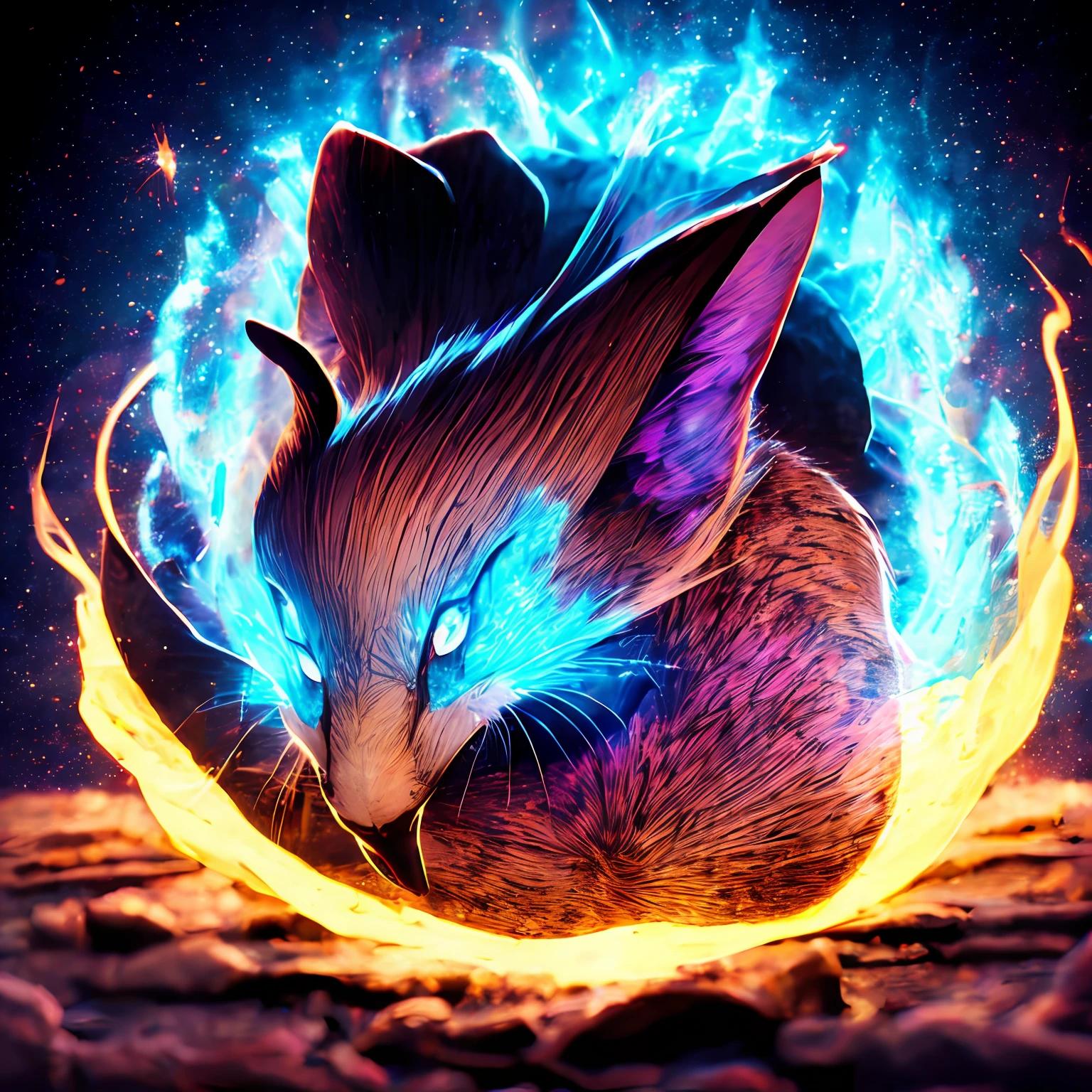 Uma raposa deslumbrante encarando atentamente o espectador, on a magical background of blue fire. --auto