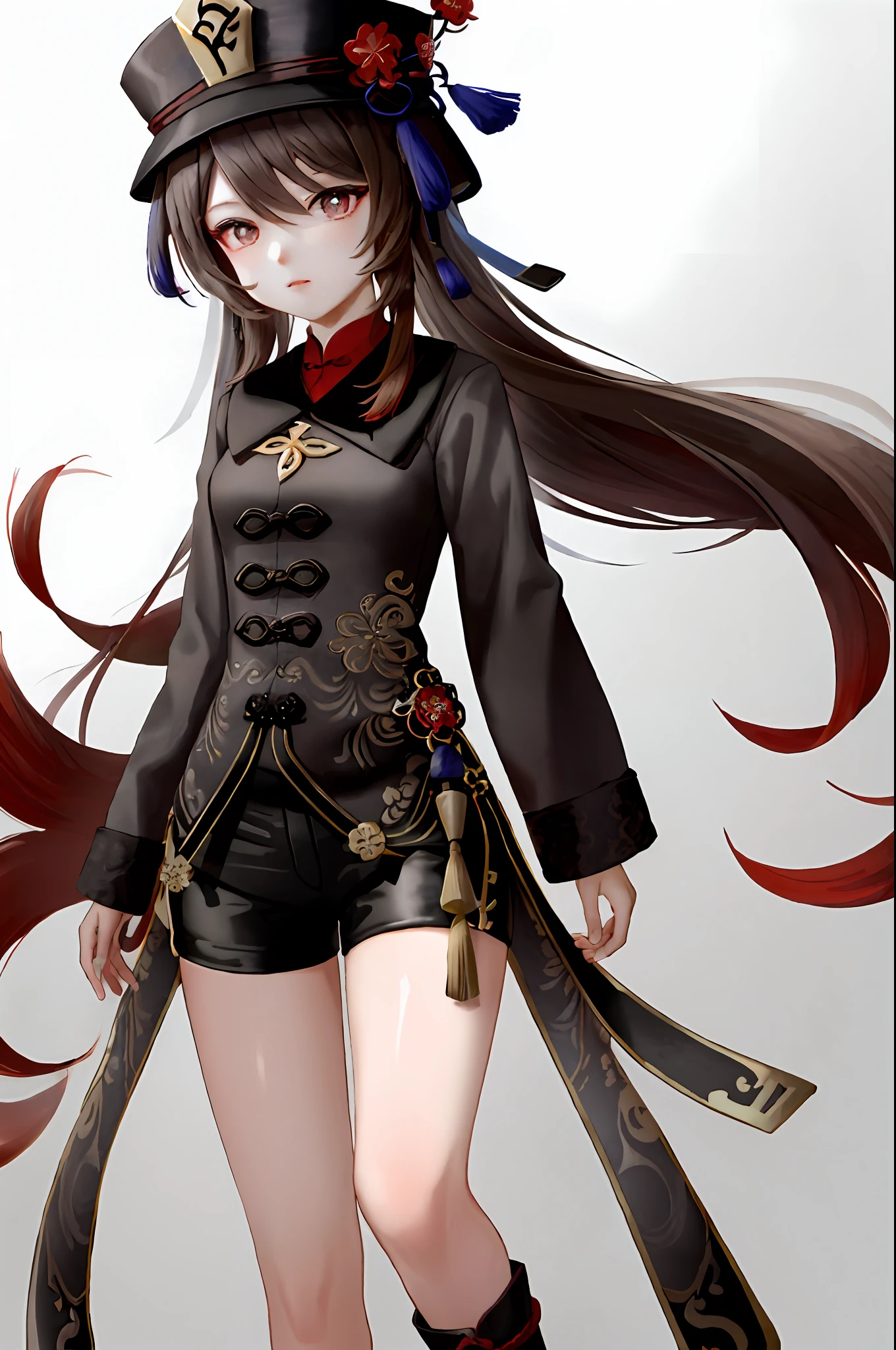 masterpiece, best quality,
1girl, hu tao (genshin impact), boo tao,hat, red eyes, twintails, brown hair, solo, symbol-shaped pupils, long hair,bangs, black shorts , chinese clothes,