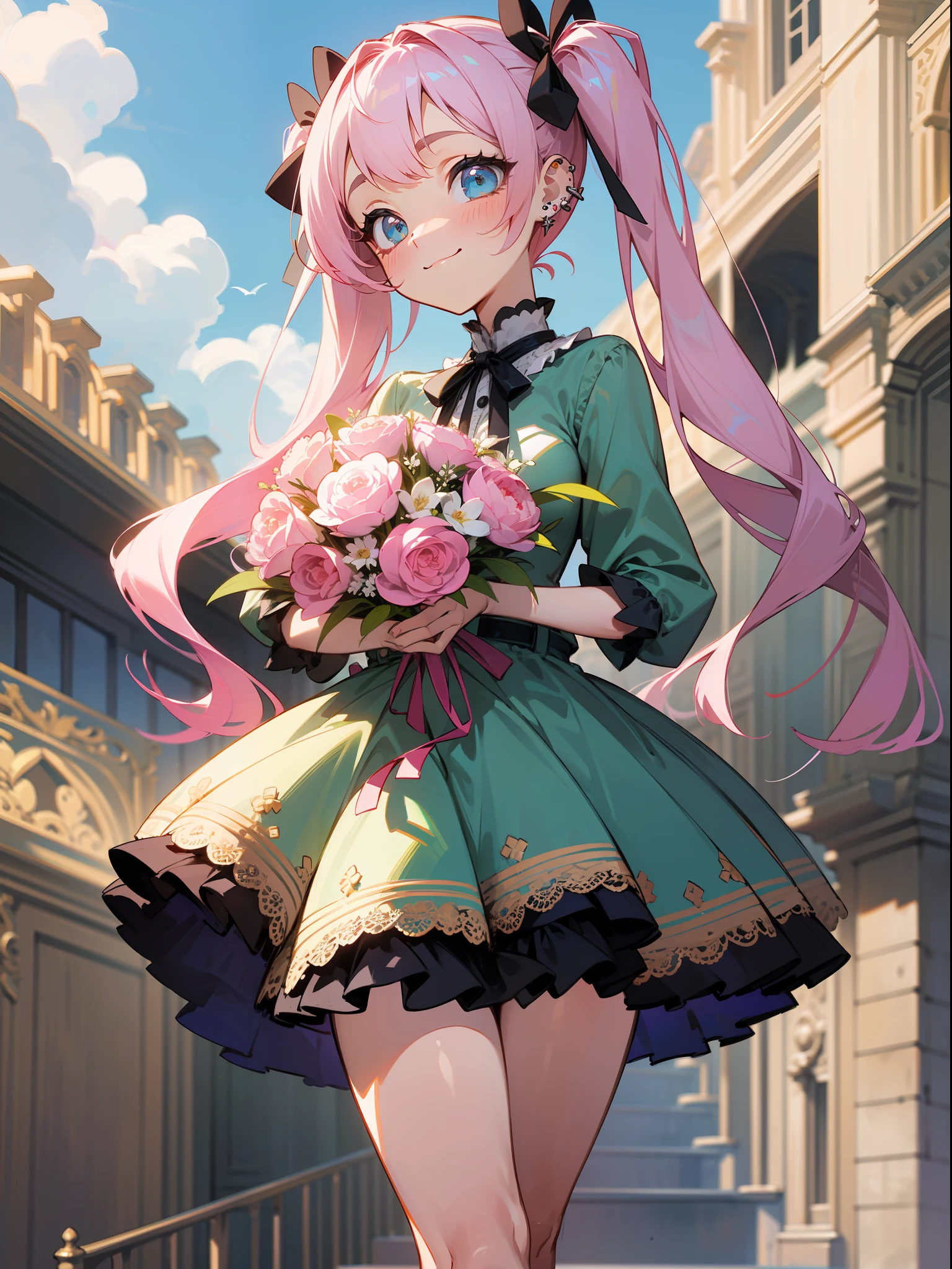 master piece, hyper quality, Hyper Detailed, Perfect drawing,Hi-Res、1girll,ssmile、Loose and fluffy hair、drills twintails、A pink-haired、Big eyes with double eyelids、lofty nose、blusher(0.2)、small mouth、ear piercings、Lolita Fashion、Clothes with lots of lace and frills、a miniskirt,knee high socks(:1.5),(garterbelts)、(((Wrapped、With ribbon、Holding a large bouquet))), butt sticks out, Big round buttocks, blue-sky、Summer colors、Sunlight、Walking trail、Shooting from diagonally below, portlate、beatiful backgrounds, meticulous drawing, Accurate drawing、Perfect illustration、Perfect Beautiful Girl