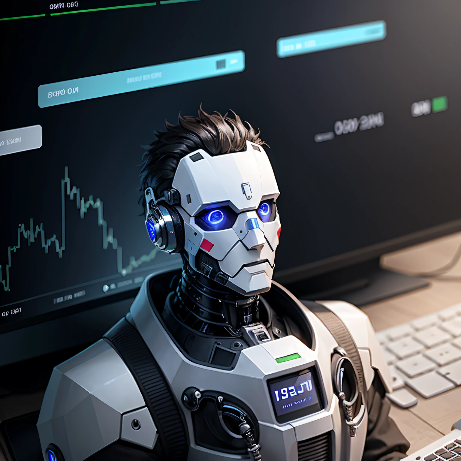 Create for me an image of a male robot investing in the Stock Exchange. --auto