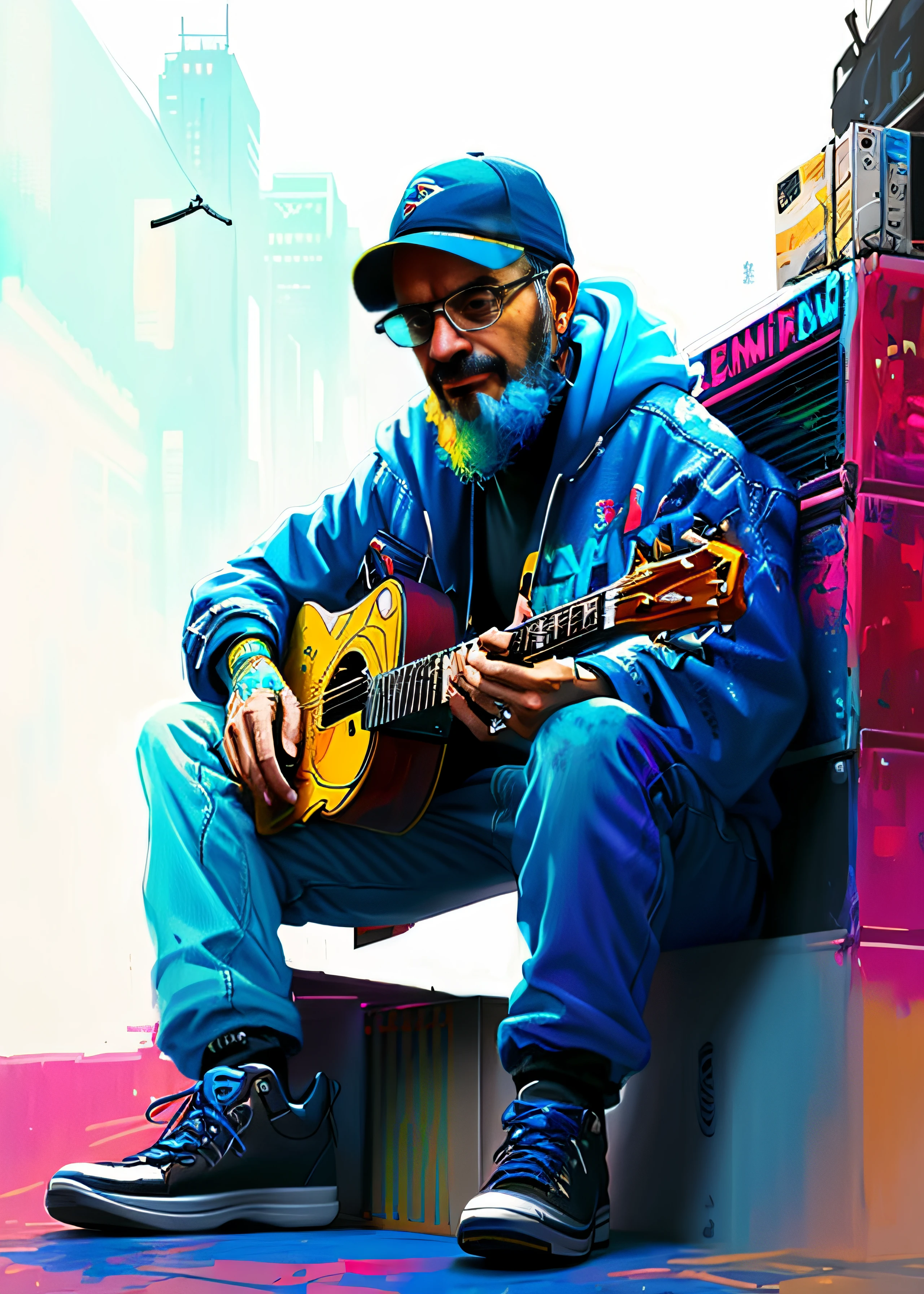Pintura de un hombre sentado en una pila de cajas tocando una guitarra, Viejo ciberpunk, Cyberpunk sin hogar, Retrato de alta calidad, Awesome Digital Illustration, James Gurney estilo de pintura, amazing digital art, Hermosa obra de arte digital, Gran arte digital con detalles, inspirado por Sam Spratt, Ilustraciones de muy alta calidad, musician, epic portrait illustration, Inspirando el arte digital, Pintura digital de alta calidad