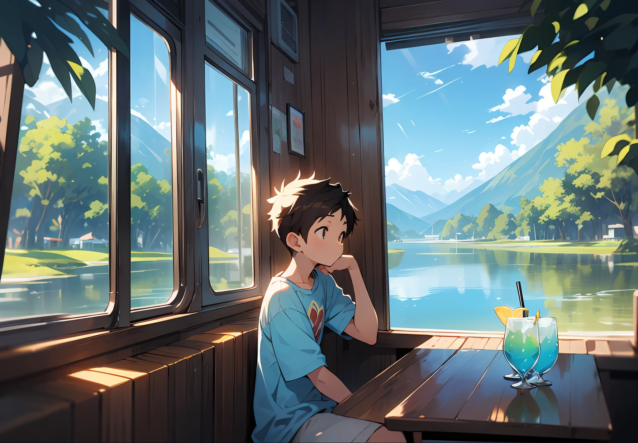(8K,RAW photos,best qualtiy,tmasterpiece:1.2),absurderes,详细的脸,Sideslit,Detailed drawing,Clear detail,iintricate,cinematic ligh,Dim natural light,depth of fields,scenecy:janelas,sofe,ln the forest,wood,Lake,mountain in the distance,wide angles,(1boy),(Solo),Mizukamida Hiraka,sitting before a table,Rest your head on your arm,Look out the window,Pondering,Cocktail World,Libido boy,male people