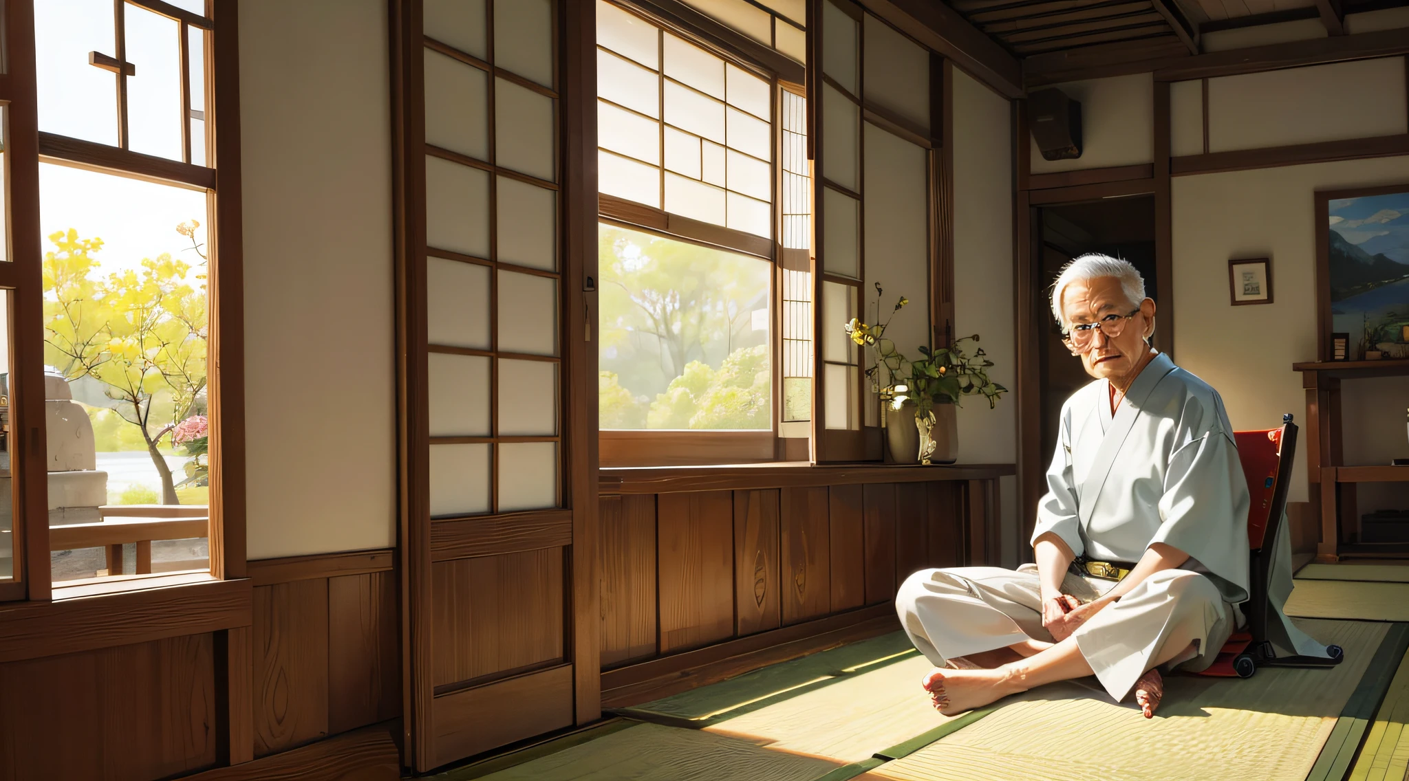 A wise old man sitting in a chair inside an old house with a young Japanese man meditating on his feet --auto