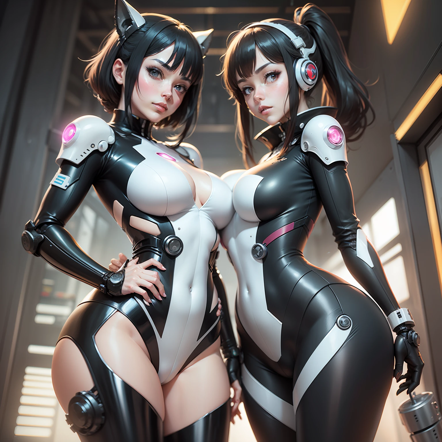 anime - style image of two women in black and white costumes, oppai cyberpunk, focus on two androids, gainax anime style, cutesexyrobutts, black-white skintight robes!, biomechanical oppai, cybersuits, sfw version, commission for high res, anime robotic mixed with organic, by Shingei, gynoid body