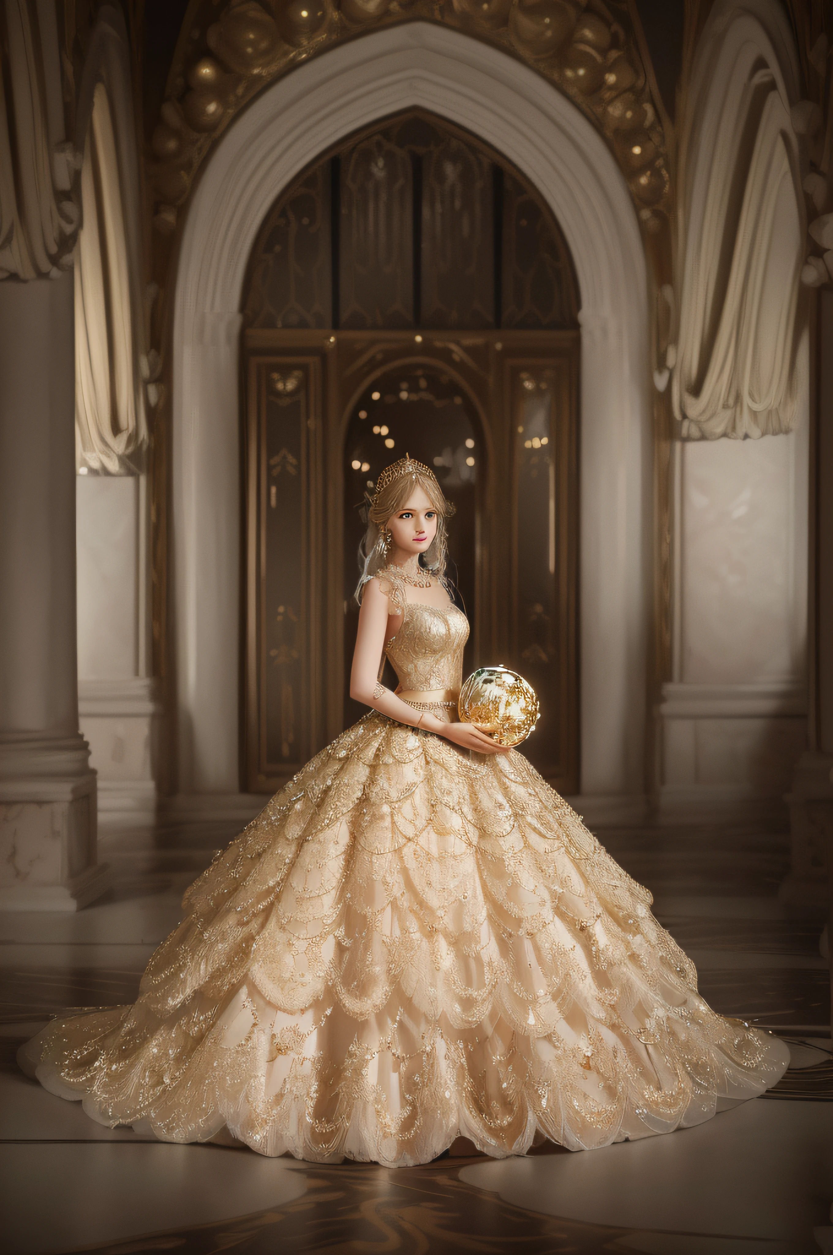 a hyper realistic photograph of a girl standing wearing a majestic light beige and gold ball gown dress, big beautiful dress, intricate puffy ball gown with lots of ruffles and rhinestones (Best quality, masterpiece, ArtStation, Fantasy Art:1.2), a palace room, a beautiful cute girl, (long white hair:1.1), (intricate short gold skirt, bare legs:1.2, full body shot)