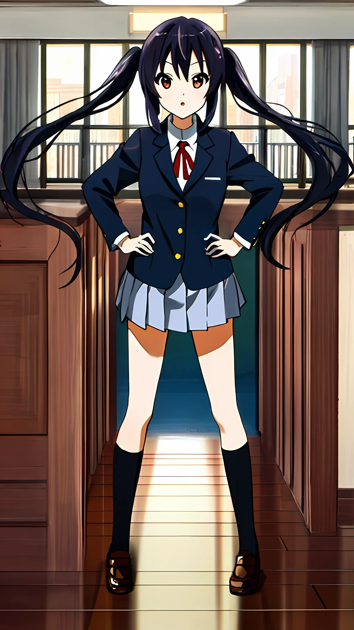 1girl, (((masterpiece))), top-quality, top-quality, High Details, nakano azusa, 1girl, Sakuragaoka High School Uniform, student clothes, Twin-tailed, length hair, A dark-haired, brown-eyed, 独奏, reddish, Dark blue blazer with thin red ribbon, Solid white buttoned shirt under blazer, illustratio, comic strip, soothing tones, Subdued Color, Soft cinematic light, adobe lightroom, photolab, HDR, intricately and hyper-detailed、(((depth of fields))))。(((masterpiece)))。(((top-quality))).)((ultra-detailliert)))。(((illustratio)))。((put hands on the hip)).((up chest)).((Medium chest)).a room.inside the house.
