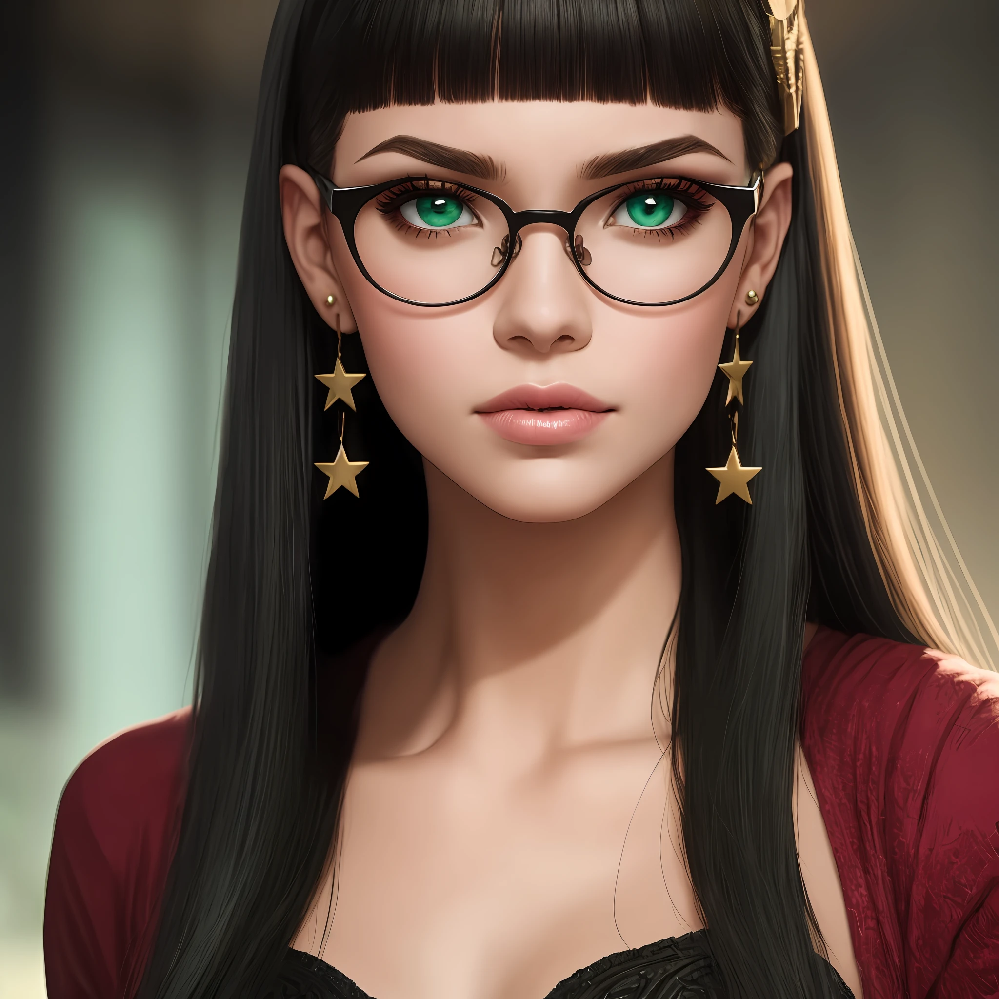 Estilo Marvel, garota 18 anos, apenas rosto, Cleopatra style hair, olhos grandes, olhos verdes luminosos, nariz pequeno, boca com batom rosa, Sensual lips, nerd prescription glasses, thin neck, She's wearing a star earring, ela tem maquiagem preta, --auto