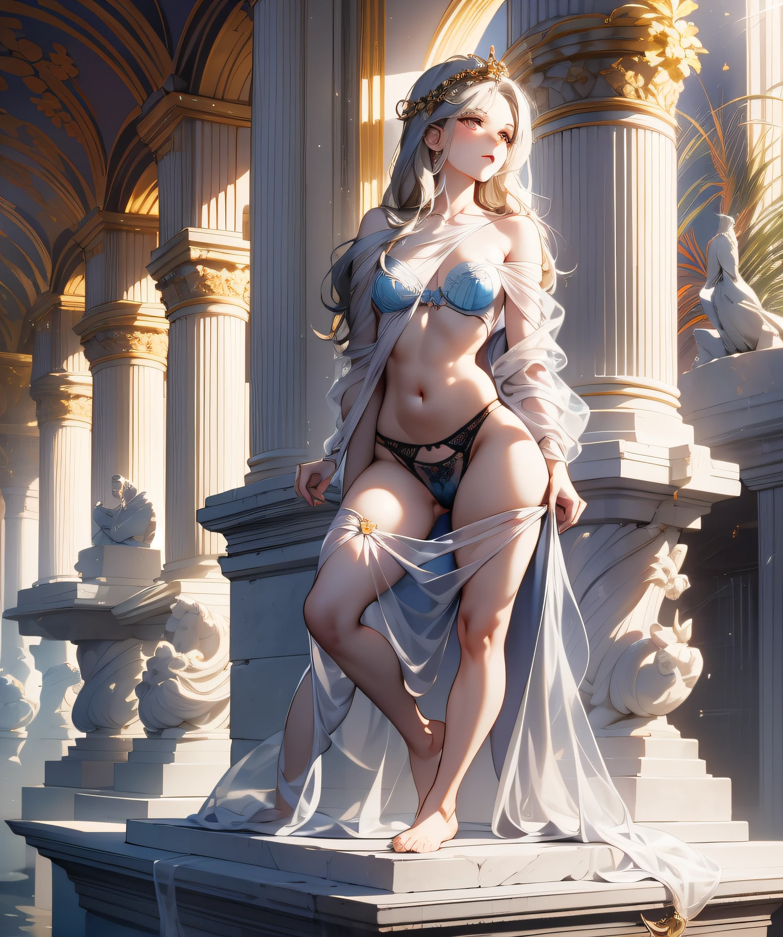 full body, Marble statue of a young girl, front opening, spats (see-through lingerie:1.3), (blushed:1.0), look of contempt,living statue, exposed small breasts, visible pubic hair, view from below, floating antique clock, lamps and lanterns, temple with greek columns, ocean in the distance, dark stormy sky, beautiful caucasian girl carved in marble, fantasy and mystery, fog, beautiful girl in the foreground,golden eyes, golden and silver hair, very long golden and silver hair, crimson lips, marble skin with reflections, statue, sexy pose, provocative pose, full body,