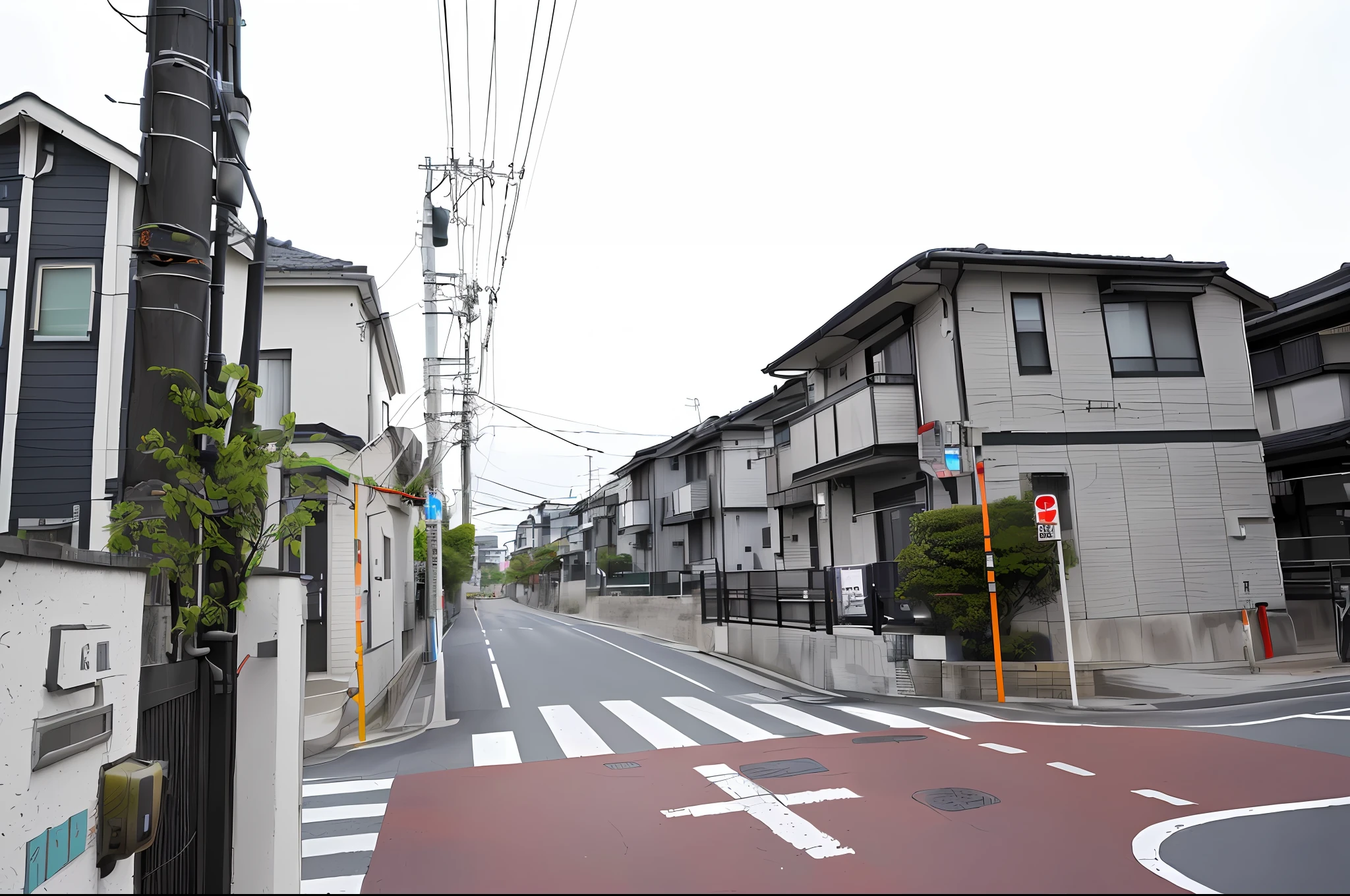 there is a street with a crosswalk and a building on the side, residential area, japanese neighborhood, japanese street, single street, photograph of the city street, houses and roads, prefecture streets, taken with sigma 2 0 mm f 1. 4, modern street, street level view, street view, tokyo - esque town, japanese town, taken with canon 8 0 d, best quality,masterpiece,Flat color, Plants are faithful, Faithful to the photograph, Do not shift the position, Position accurately, The white lines on the road are accurate, Accurately represent the pattern on the wall, Detailedly depict the depth,
Subtly represent bright colors, Brighten the dark areas, Make the power lines thin, Keep the lines as straight as possible, Astounding fidelity, Precisely depict the window frames, (Desaturated tones: 1.25), (HDR: 1.25), (ArtStation: 1.2), (Intricate details: 1.14), (Ultra-realistic 3D rendering: 1.16), (Film: 0.55)