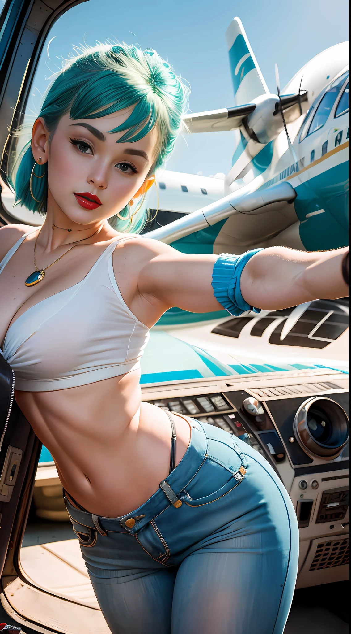 obra maestra, mejor calidad, 4k, ((al estilo de Gil Elvgren o Alberto Vargas)), ((Bulma de DBZ,))red lipstik, lunares, Moda vintage, Pantalones cortos de cintura alta, Tapa recortada, cabello azul ondulado, prop plane in the background.