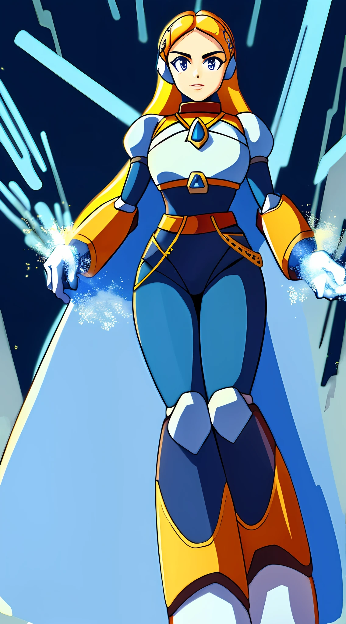 Princess Zelda wearing Heavy Blue white and gold Knight Armor, heavy mech armor, cyber armor blue and white, gold belt, heavy blue white dress, long hair, long tapered blue dress with gold and white highlights, princess armor, long flowing white dress with blue highlights and gold waist belt, blue mechsuit, looking at viewer at eye-level, full-body, forest background, forest background with large mountains, Princess_Zelda looking at viewer with cocky/arrogant expression