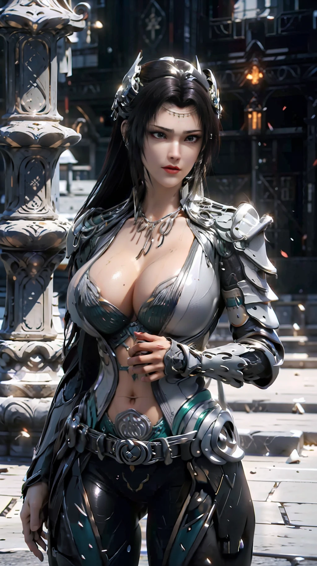 ((Unreal Engine 5)), Realistic Rendering, Excellent, Full armor, knight Cloak, helm, (Yoga hotpants), looking on camera, sexy posing walking down on street, beautiful face, makeup, CGImix, (photorealism:1.2), ultrarealistic uhd face, (huge fake boobs:1.4), (gigantic breasts:1.1), (muscle abs), (big butt), (wide hips), (thick thighs), slim waist, hourglass figure, half body, ((glowing skin)), ((shiny skin)), Realistic body, ((she is sexy body)), ((clean skin)), photorealistic, bokeh, motion blur, masterpiece, highres, 1080P, super detail, textured skin