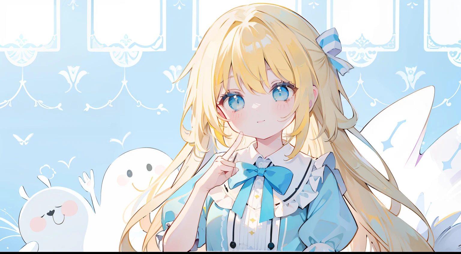 One girl、alice in the wonderland、yellow hair、Wavy Hair、smil、shortsleeves、Alice's One Piece、Light blue ribbon on head、Alice in Wonderland Background、masterpiece、top-quality、Top image quality、cute little、