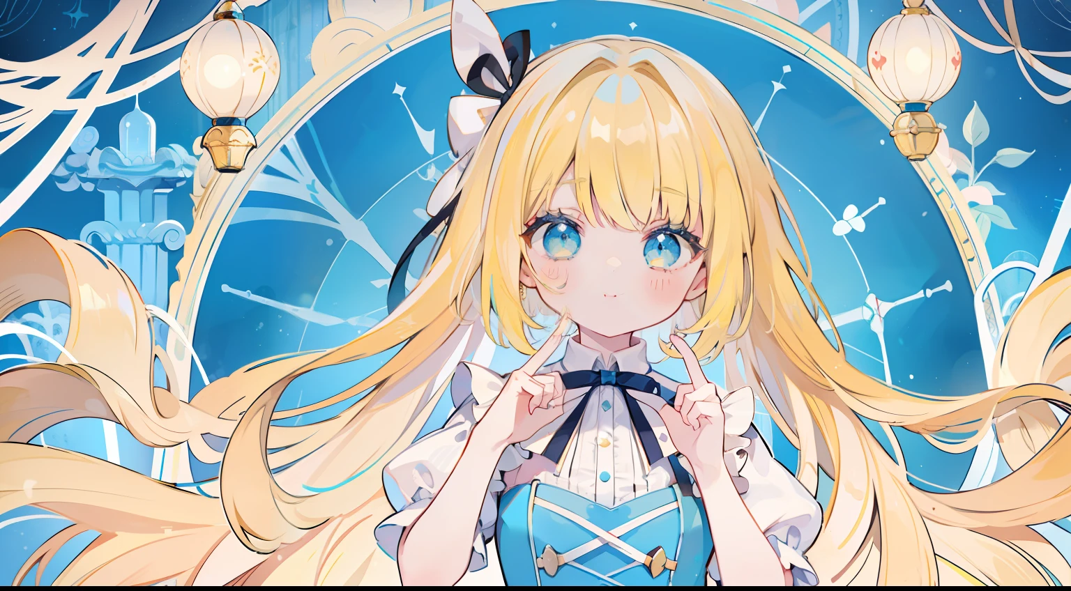 One girl、alice in the wonderland、yellow  hair、Wavy Hair、smil、shortsleeves、Alice's One Piece、Light blue ribbon on head、Alice in Wonderland Background、​masterpiece、top-quality、Top image quality、cute little、
