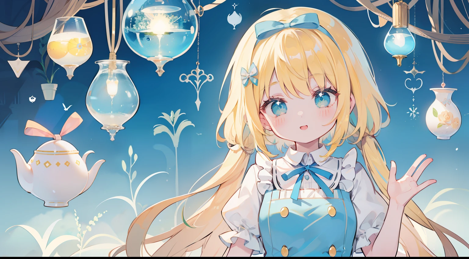 One girl、alice in the wonderland、yellow  hair、Wavy Hair、smil、shortsleeves、Alice's One Piece、Light blue ribbon on head、Alice in Wonderland Background、​masterpiece、top-quality、Top image quality、cute little、