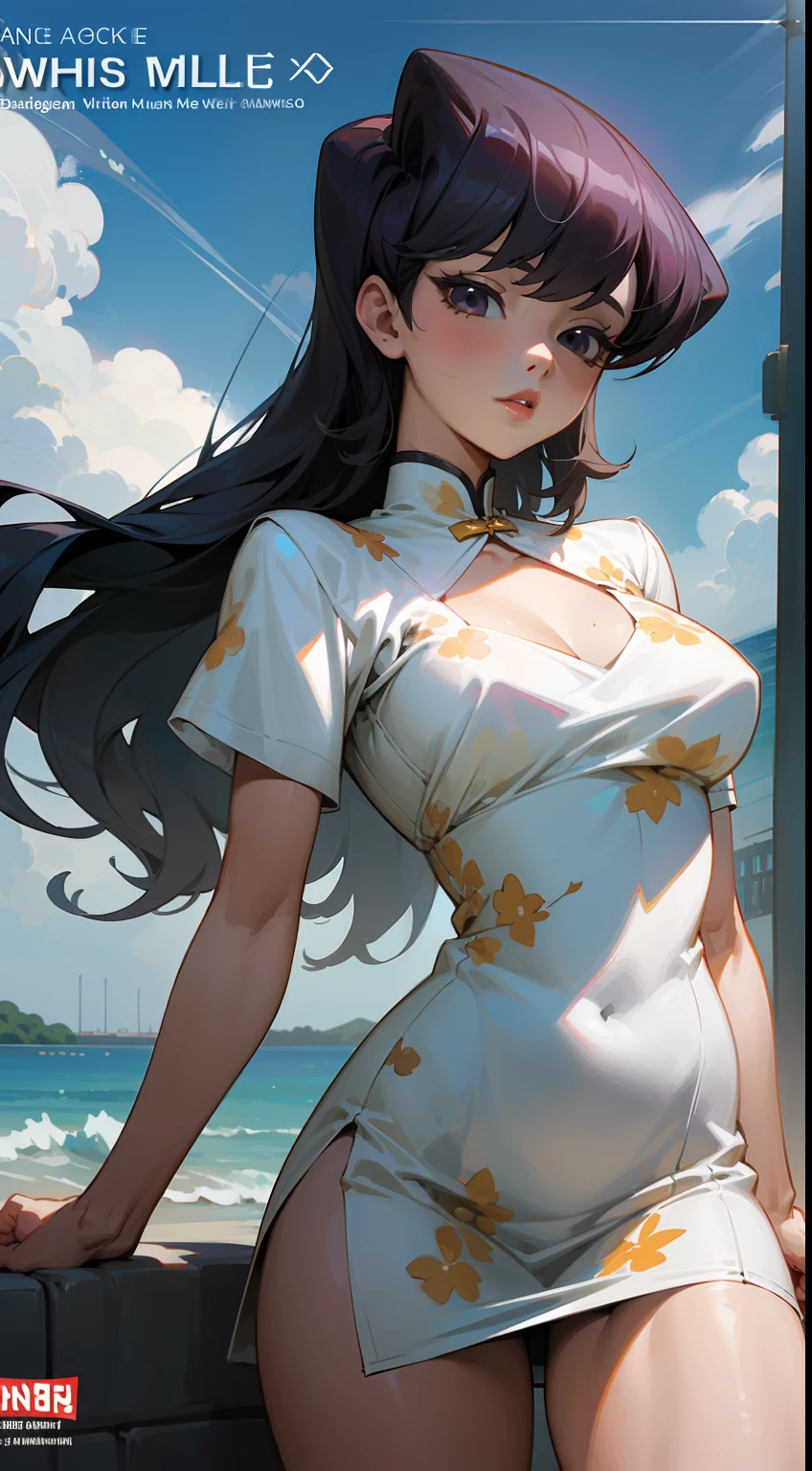 Komi Shuuko，Slim，Fleshy thighs，Patreon's award-winning work，White girly dress，Masterpiece，Brilliant sunshine，Ocean park，Comic cover style，Comic title,tmasterpiece， High- sharpness， high high quality， 详细的脸， detailed body render，  Dark lips，White floral dress