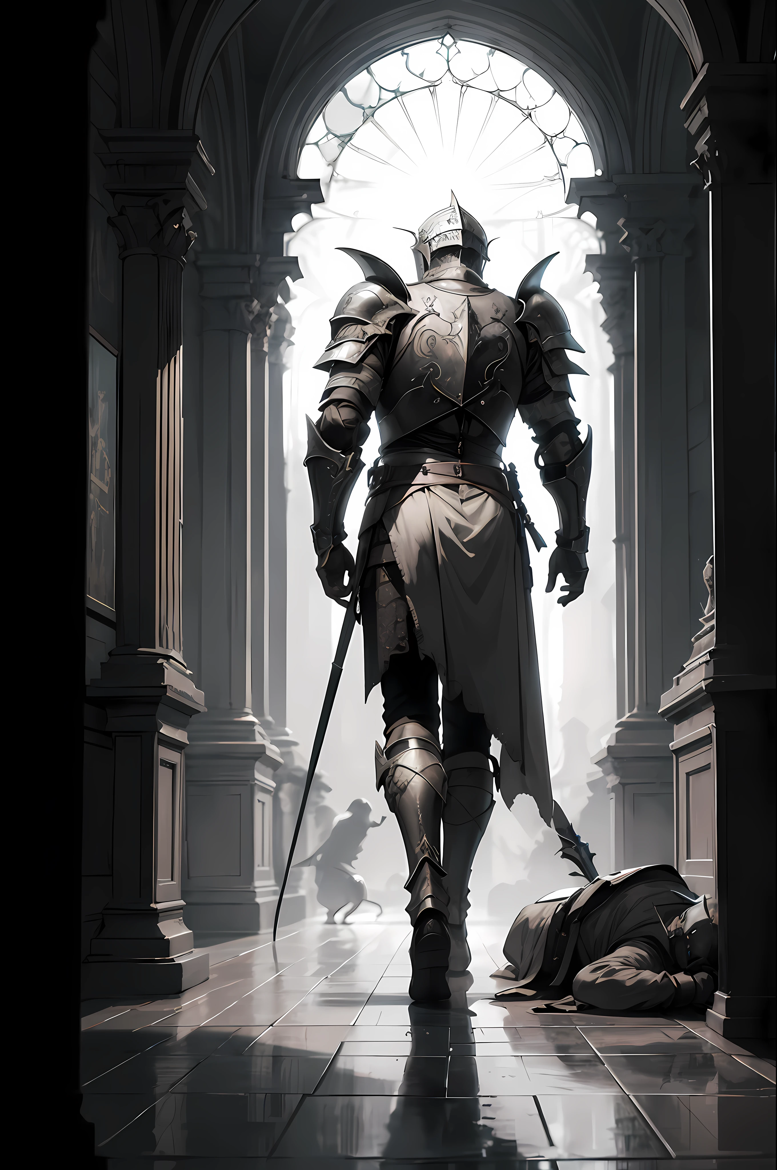 armor, European armor, male focus, sword and shield, knight, monochrome, helmet armet, sitting on knees, (graveyard)
BREAK
greyscale, full body, (back view:1.3), solo,
BREAK
absurdres, highres, ultra detailed, (1male:1.3),
BREAK
, low-key lighting, moody ambiance, dark shadows, subtle highlights, mysterious aura
BREAK
, chiaroscuro, high contrast, dramatic shadows, bold highlights, moody atmosphere, captivating intensity, expressive brushwork
BREAK
, photo manipulation, altered realities, fantastical scenes, digital artistry, creative editing, evocative narratives, striking visuals