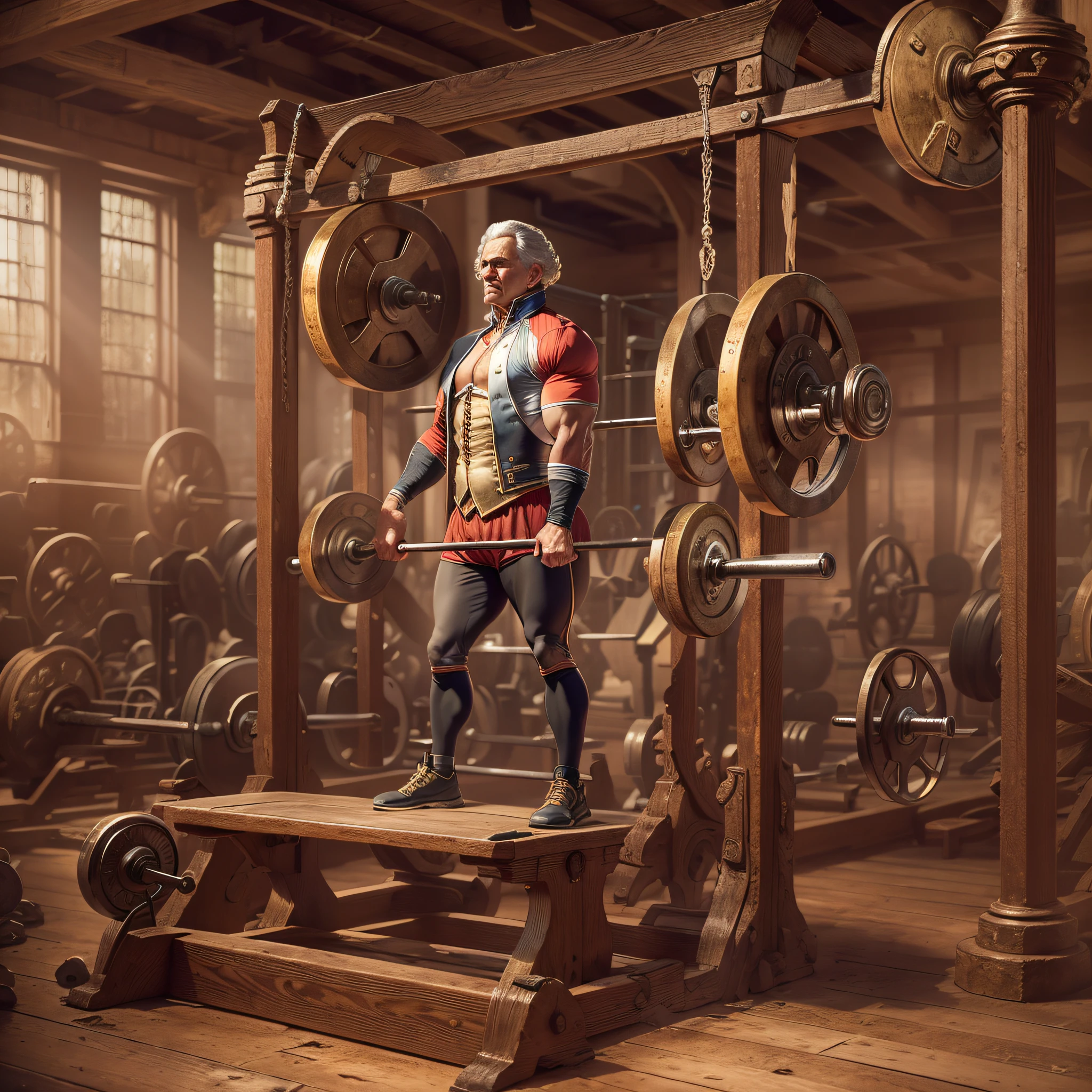 George Washington's Gym Triumph" Go back in time to witness George Washington, the "Mighty President", in a gym with antique equipment. With his strong arms and unwavering spirit, he leads by example, encouraging others to seek strength and unity.