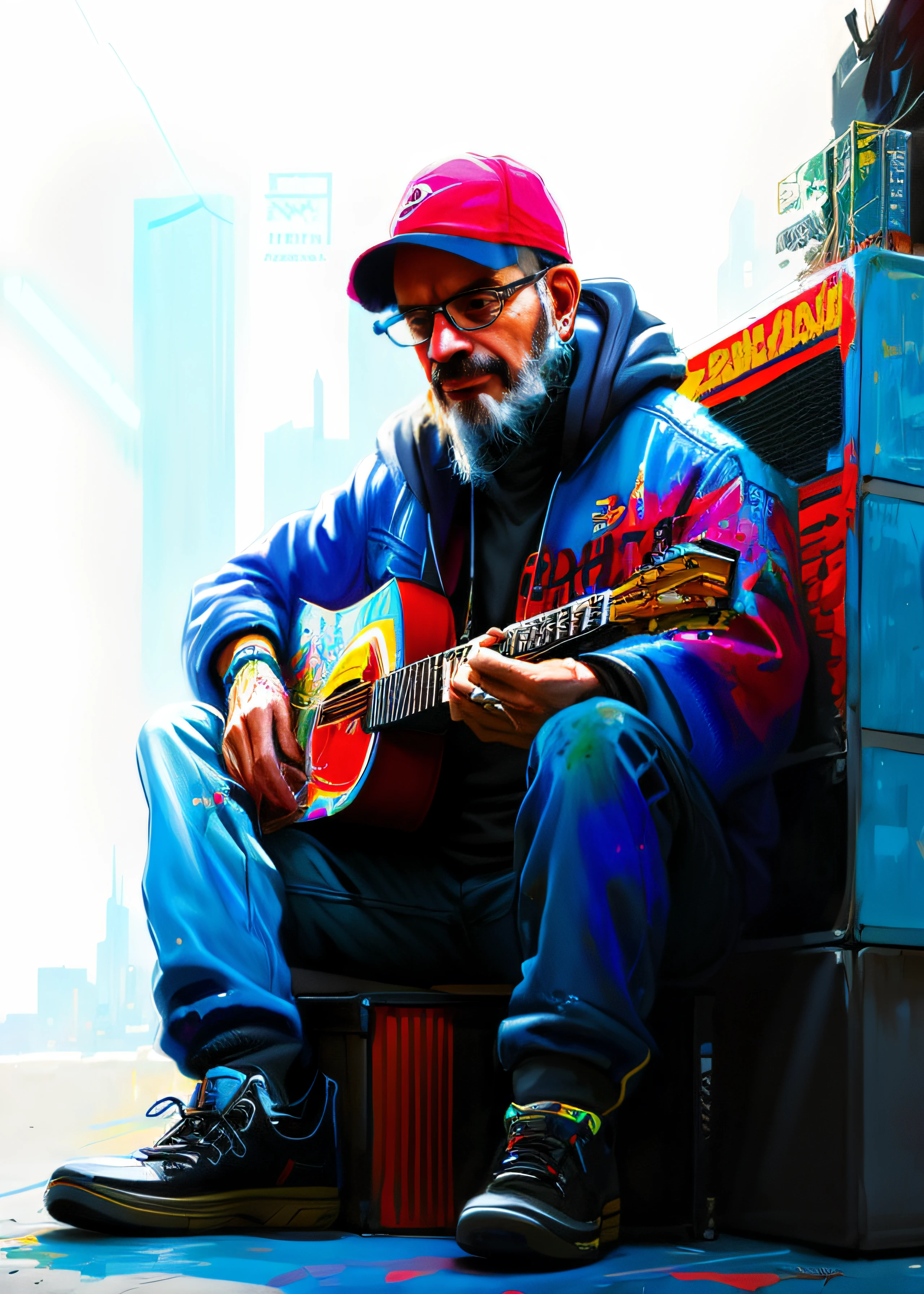 Pintura de un hombre sentado en una pila de cajas tocando una guitarra, Viejo ciberpunk, Cyberpunk sin hogar, Retrato de alta calidad, Awesome Digital Illustration, James Gurney estilo de pintura, amazing digital art, Hermosa obra de arte digital, Gran arte digital con detalles, inspirado por Sam Spratt, Ilustraciones de muy alta calidad, musician, epic portrait illustration, Inspirando el arte digital, Pintura digital de alta calidad