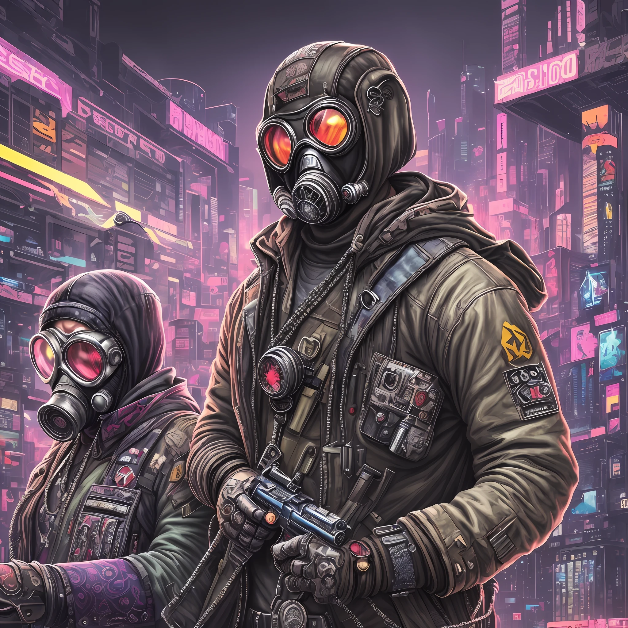 Cyberpunk style, psychedelic, intricate, hyper detailed, gangster group with gas mask --auto --s2