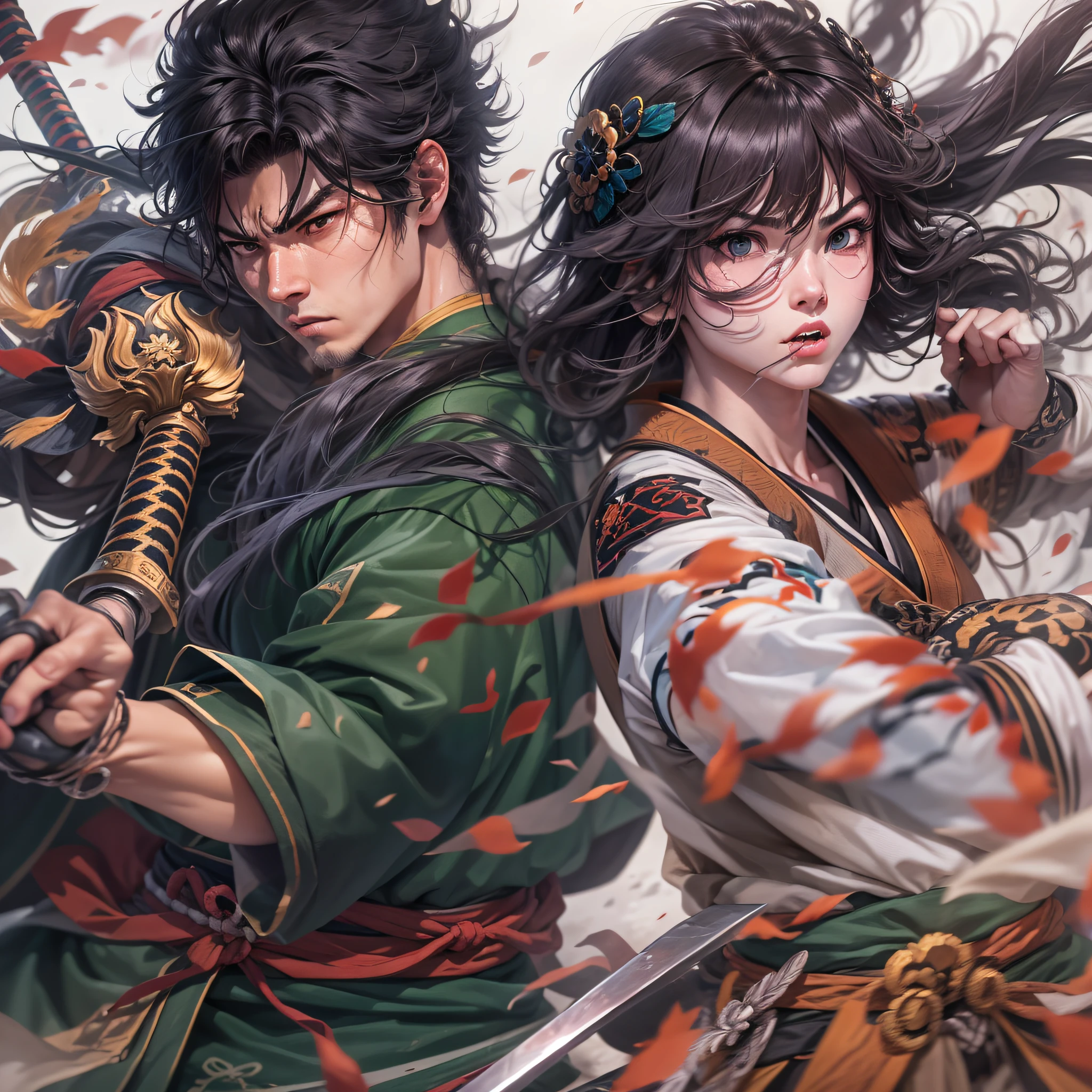 Entre na arena como dois samurais rivais, Kenzo e Haruka, Travar um duelo acirrado. The echoes of their war cries fill the air as they confront swords with unyielding determination, showing your strength and skill in an exciting fight.