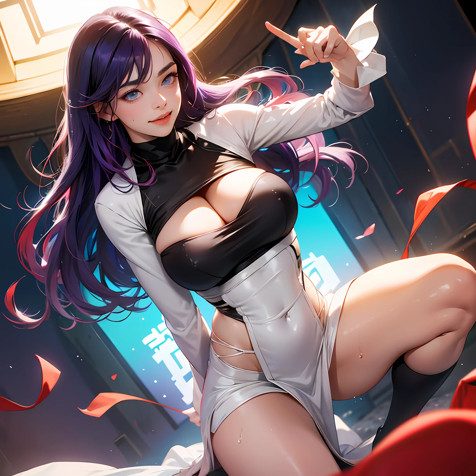 A high resolution), (absurderes), (best qualtiy), (high qulity), (tmasterpiece), deep purple hair, Dark blue eyes, long whitr hair, , Thighs white, looking at viewert, dampness, perspired, exhilarated, 8K, high qulity, ssmile, Pubic Area Showing, 电影灯光, Beautiful Finger, Well-Formed Fingers, high detal, Sony FE GM, adolable, Heart eyes, exhilarated, drools, nabel, sweat leggs, dampness, immensity, white skinned, light colors hair,Reddening cheeks,White skin,shinning eyes,on top of the bed,Colored Contact Lenses,style of anime,Movement lines,sparkle eyes,Super huge,that are about to burst,Big taut breasts,gigantic cleavage breasts,Sagging sweat,bshoulders,shinny hair,Grinning gaze,After sloppy,in front,knitting,torn laundry,Lower breast,Stick out your big tongue,breasts too large, --auto
