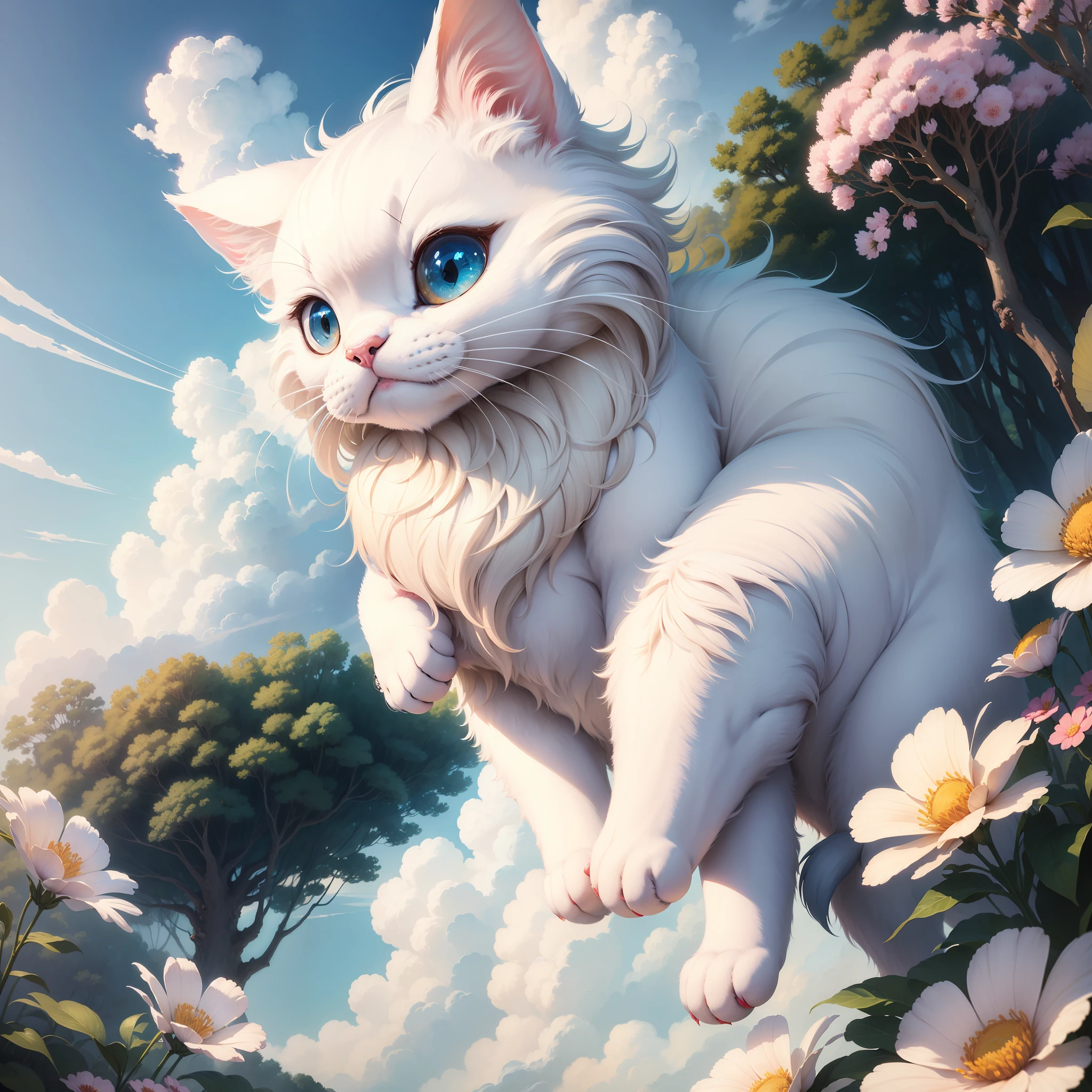 Cute white puppet cat, Hayao Miyazaki dream style, surrealist animal illustration, outdoor, sky, white clouds, bow, flowers, meiji art, light color color painting, rich layers, realistic figurative painting, realistic hyper-detail portrait style, neo-traditional japan, soft edges, fantastic illustration, (very detailed CG unity 8k wallpaper), clean background, natural light, best quality, hyperdetail