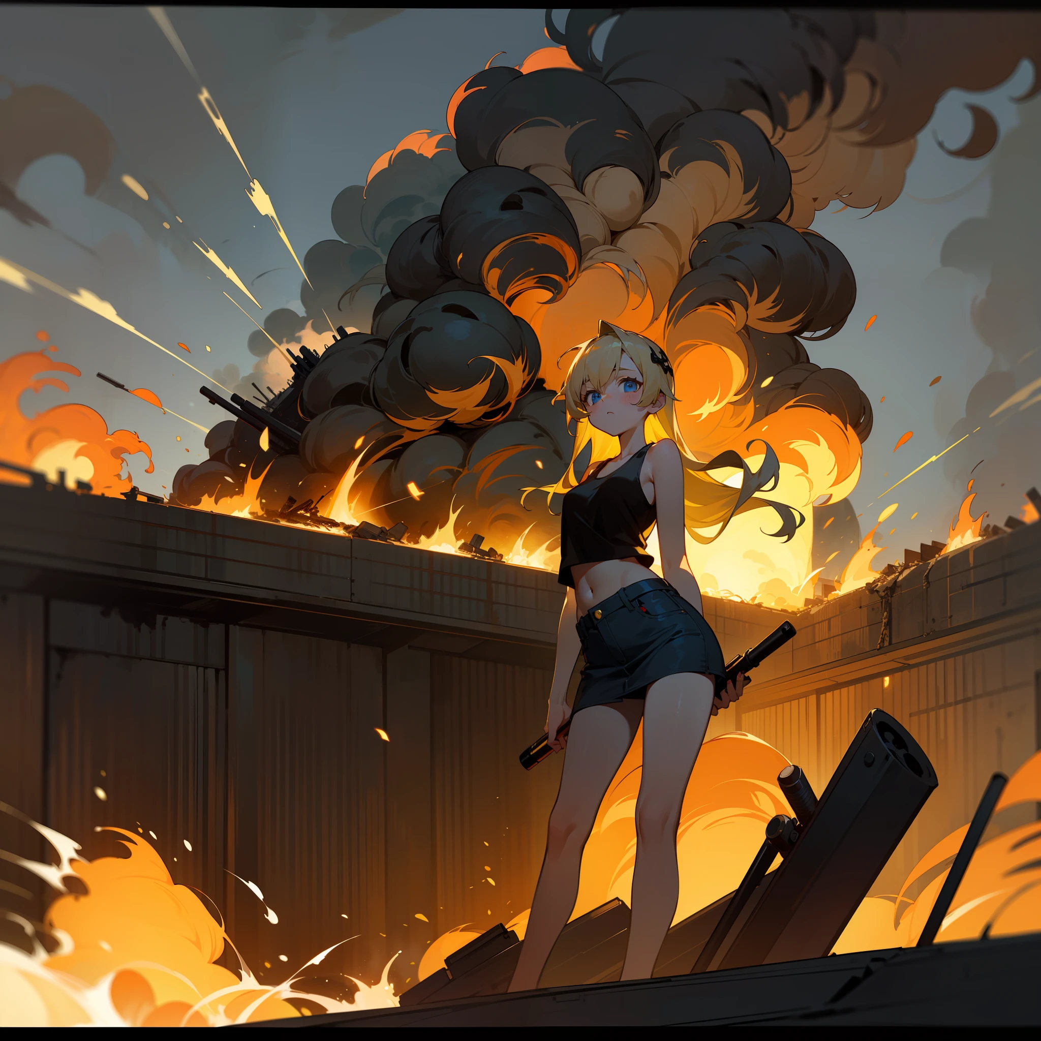 masterpiece, Top image quality, hight resolution, Beautiful blonde girl、女の子1人、Whole human body、Blue eyes、deadpan、Black tank top、jean skirt、semi long hair、is standing、showing butt、Shot a bazooka、by night、Naval port blown up in flames、Building in flames、Ship blasted into flames