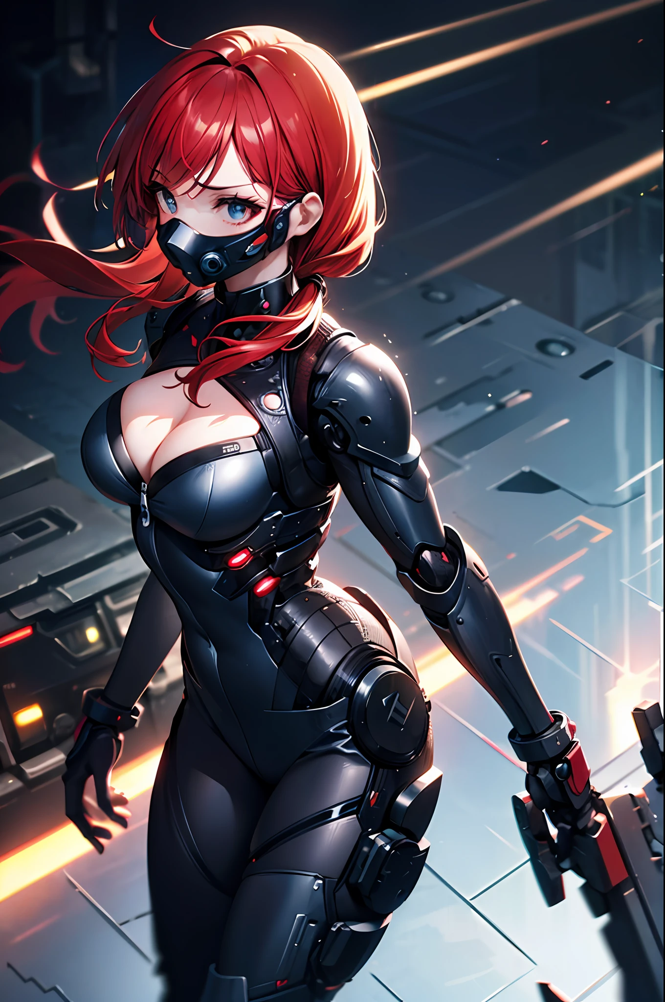 Top quality, masterpiece, ultra-detailed, accurate depiction, highly detailed 8k wallpaper, beautiful mechanical girl, solo, (long red hair), (exoskeleton suit: 1.1), (mechanical joint, mechanical rim), (perfect fingers, 4fingers and 1thumb), techwear, techpunkmask, (dynamic angle:1.3), (motion blur:1.5), (flat_chest, cleavage, wide hips), Cyberpunk City,